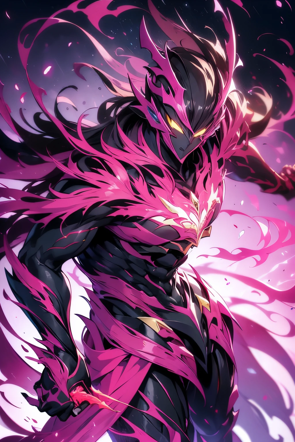 A sleek fantasy creature, a formidable hybrid entity, combining Super Saiyan Broly's pink veins and fierce features with Vasto Lorde Ichigo's grim gaze. Pink veins pulsating beneath the skin, orange blazing eyes emitting intense energy. Detailed muscle definition, realistic rendering in 4K, HDR, atmospheric lighting, sharp focus, and physically-based rendering. The hybrid entity's intense gaze exudes power, with a serious expression and clenched fists, showcasing the ultimate fusion of two legendary characters.