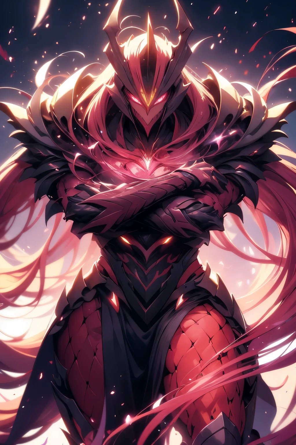 A sleek fantasy creature, a formidable hybrid entity, combining Super Saiyan Broly's pink veins and fierce features with Vasto Lorde Ichigo's grim gaze. Pink veins pulsating beneath the skin, orange blazing eyes emitting intense energy. Detailed muscle definition, realistic rendering in 4K, HDR, atmospheric lighting, sharp focus, and physically-based rendering. The hybrid entity's intense gaze exudes power, with a serious expression and clenched fists, showcasing the ultimate fusion of two legendary characters.