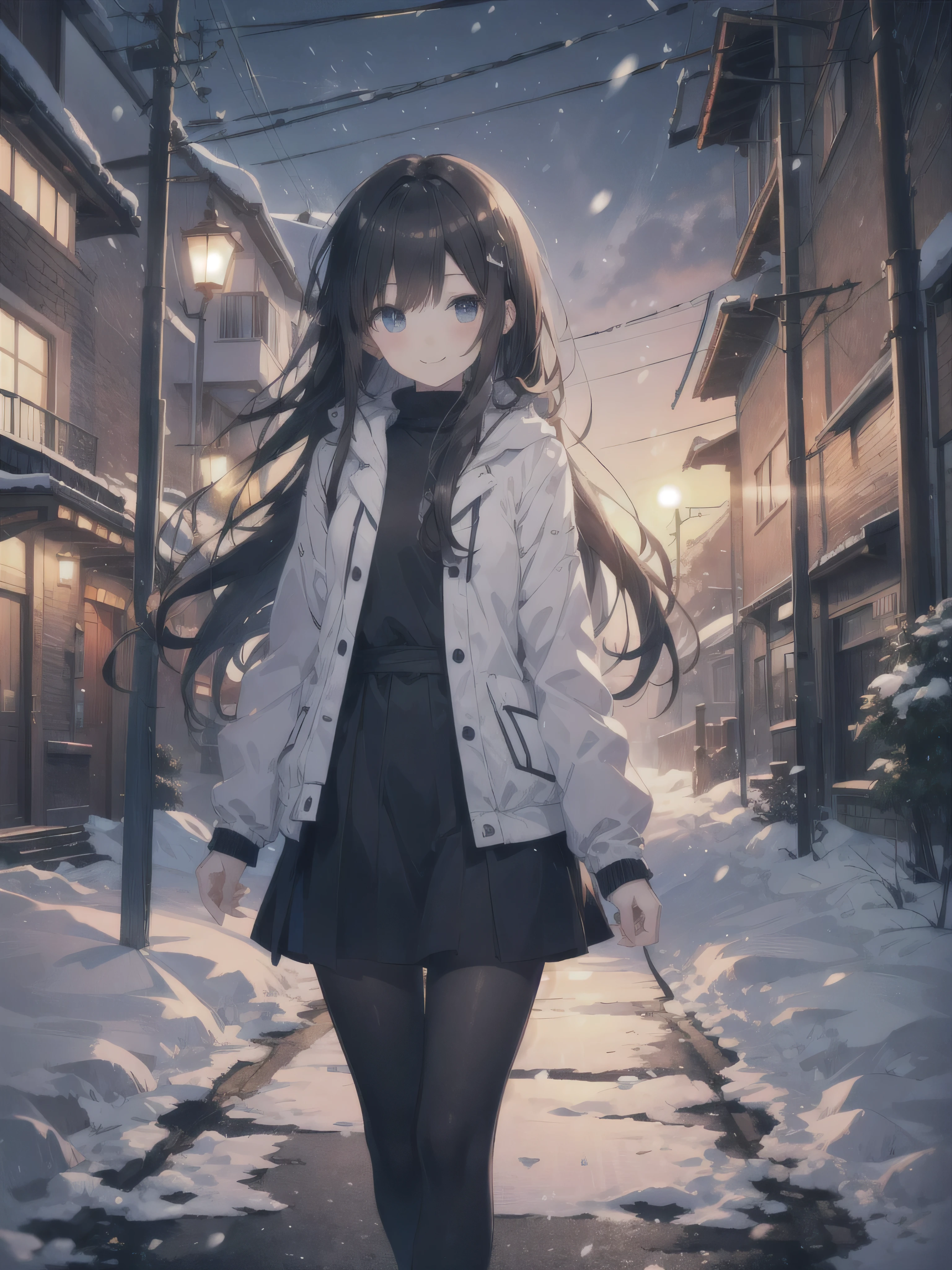 best smile、cute anime girl with dark hair 、 dynamic、solo、 long hair、 Soft Light 、( quiet snow falls
At the end of the road walking alone
I suddenly saw your smile)