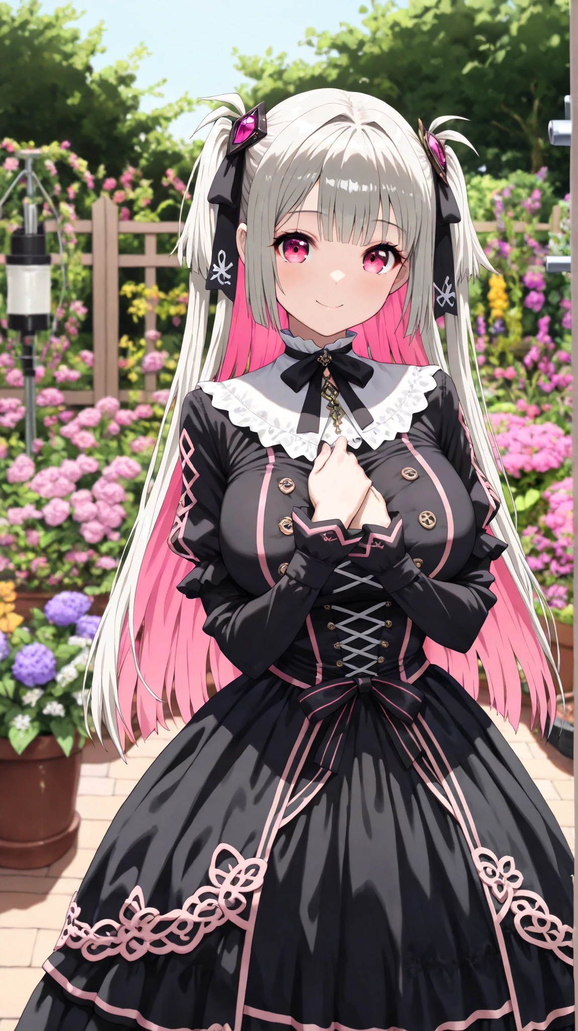 (In the green Outdoor Garden Standing, in front of a plantation wall, (Super detailed Backgrounds), Wearing a white Gothic ta Dress, (Sheer Pink trim), (large breasts), (Cute girl, AIU), solo, Delicately decorated, It is an elegant design, (Natural Light), (Medium long shot), Calm and gentle expression, (Cleaned up for the photo shoot), (Touch your chest, happy), (looking at viewer), (cute eyes), {{magenta eyes:1.8}}, (eyelashes), (two side up hair style:1.0), (Hair Accessories), (straight hair), Black Dress, (magenta inner hair:1.3), Garden, masterpiece), (high resolution),(8k), (Best quality), Complete anatomy:1.3, Detailed clothing, Grey hair, {{magenta inner hair:1.3}},