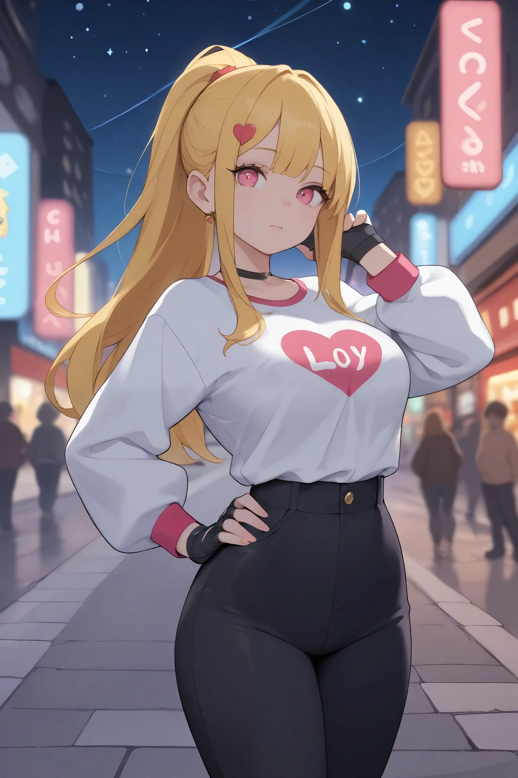 Lady, gorgeous woman, long side bangs, long flowing ponytail, blonde with red highlights on hair, lots of red stripes on hair, thin waist, medium breast, cleavage wasteland outfit, thick eyelashes, ultra detailed face, idol, black pants, black 'n white t shirt, streets adornments, black boots, fingerless gloves, futuristic adornments, lovely, city streets, night, starry night, cute walk