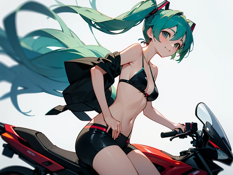 (score_9, score_8_up, score_7_up), lum, solo, long hair, bangs, green hair, blue eyes, aqua hair, tiny horns, eyeshadow, breasts, small breasts, looking at viewer, blush, teasing smile, (masterpiece), perfect sexy female body, (sexy and seductive pose:1.3), street, mountain, EPsoaSinon, hair between eyes, (hair ornament:1.2), hairclip, sidelocks, riding, business suit, strapless, black pants, white collared shirt, kanedabike, yellow tiger-stripped bigscooter,