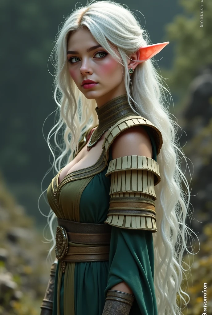 HYBRID FACE BETWEEN CLAUDIA SCHIFFER AND GISELE BUNDCHEN , BUST IMAGE STYLE, STUDIO IMAGE STYLE, BLACK INFINITE BACKGROUND, DIFFUSED LIGHTS ON FACE, STRONG BACK LIGHTS, CLOSE FACE SHOT, PLATINUM LONG HAIR, HUGE STRAIGHT LONG HAIR, BRAID HAIR STYLE, PLATINUM EYEBROWS, VERY PALE SKIN, ELF WOMEN, TOLKIEN MITHOLOGY, EXPOSED TIP EARS, HIGH CHEEKBONES, ROSY CHEEKS, GORGEOUS LIPS, SOFT LIPSTICK, CURVY BODY, VOLUMOUS BREASTS, STRAPLESS CLEAVAGE, GREEN VICTORIAN DRESS, ENIGMATIC FACE EXPRESSION, SIDE FACE VIEW, EYES LOOKING TO THE SIDE, TOLKIEN MITHOLOGY, HIGH QUALITY IMAGE, MASTERPIECE, 8K