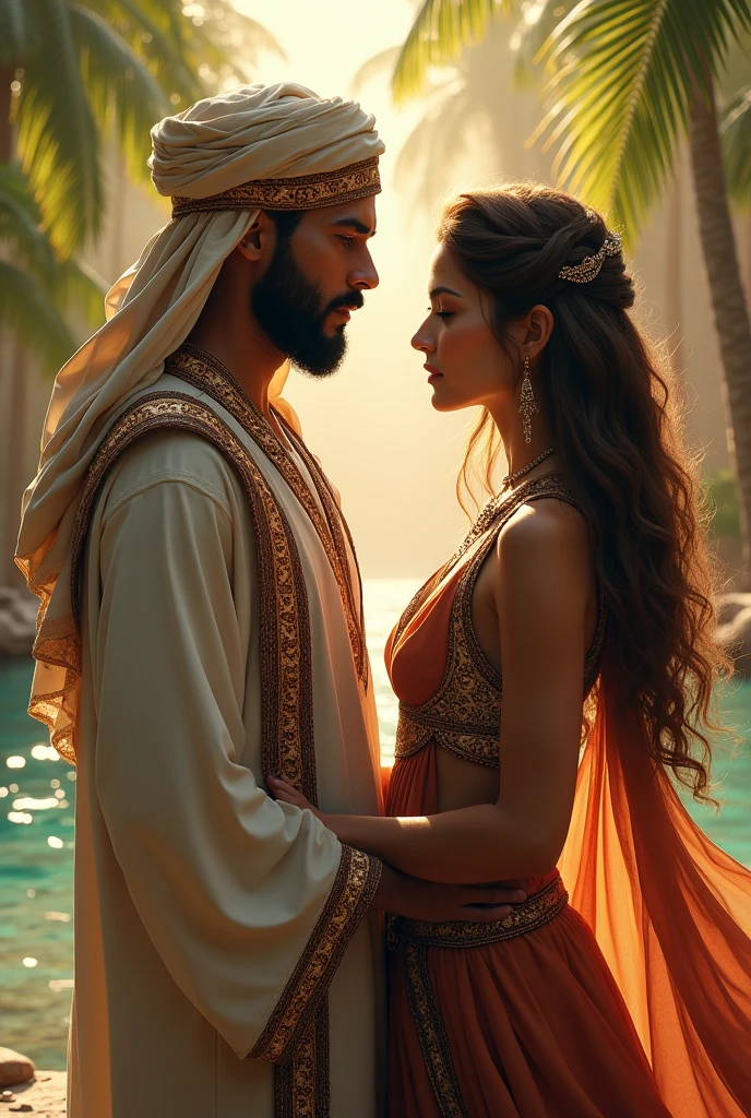 a loving couple riding camels, man wearing beautiful white muslim clothing, woman wearing belly dancer outfit with jewelry, detailed facial features, intricate jewelry and clothing textures, dramatic lighting casting long shadows, desert landscape with towering sand dunes, warm golden tones, cinematic composition, (best quality,4k,8k,highres,masterpiece:1.2),ultra-detailed,(realistic,photorealistic,photo-realistic:1.37)
