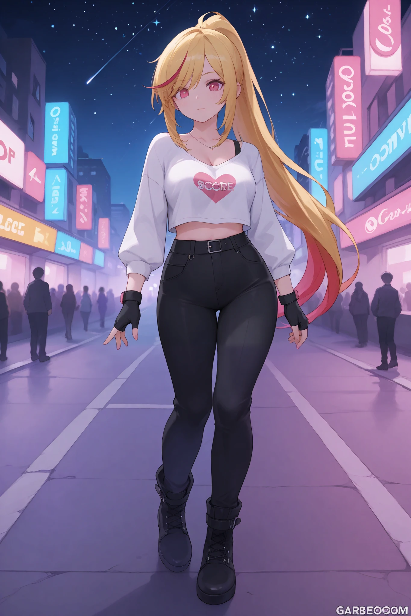 Lady, gorgeous woman, long side bangs, long flowing ponytail, blonde with red highlights on hair, lots of red stripes on hair, thin waist, medium breast, cleavage wasteland outfit, thick eyelashes, ultra detailed face, idol, black pants, black 'n white t shirt, streets adornments, black boots, fingerless gloves, futuristic adornments, lovely, city streets, night, starry night, cute walk