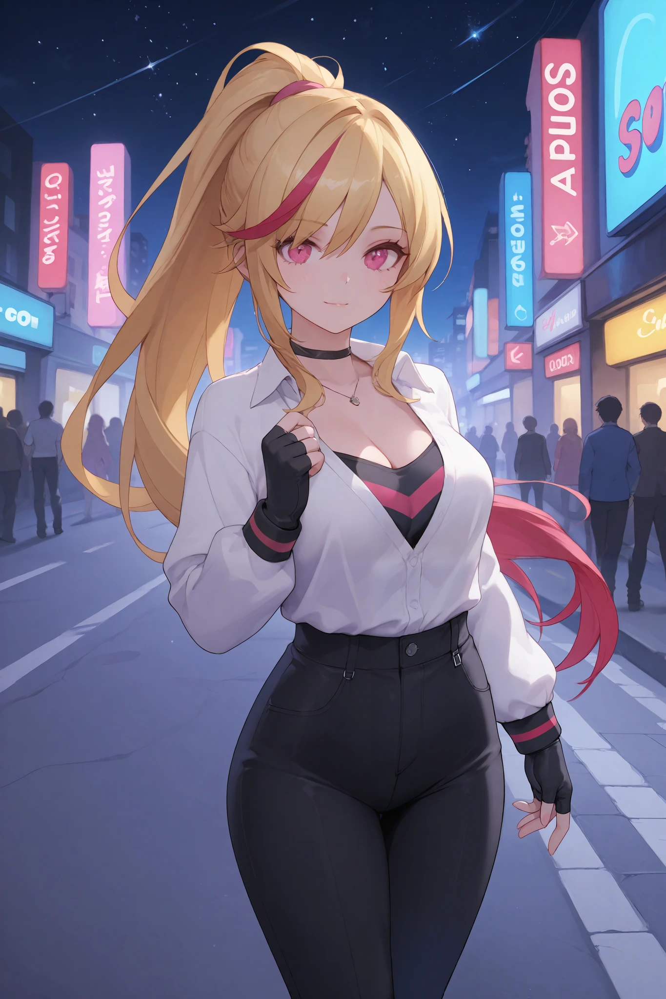 Lady, gorgeous woman, long side bangs, long flowing ponytail, blonde with red highlights on hair, lots of red stripes on hair, thin waist, medium breast, cleavage wasteland outfit, thick eyelashes, ultra detailed face, idol, black pants, black 'n white t shirt, streets adornments, black boots, fingerless gloves, futuristic adornments, lovely, city streets, night, starry night, cute walk