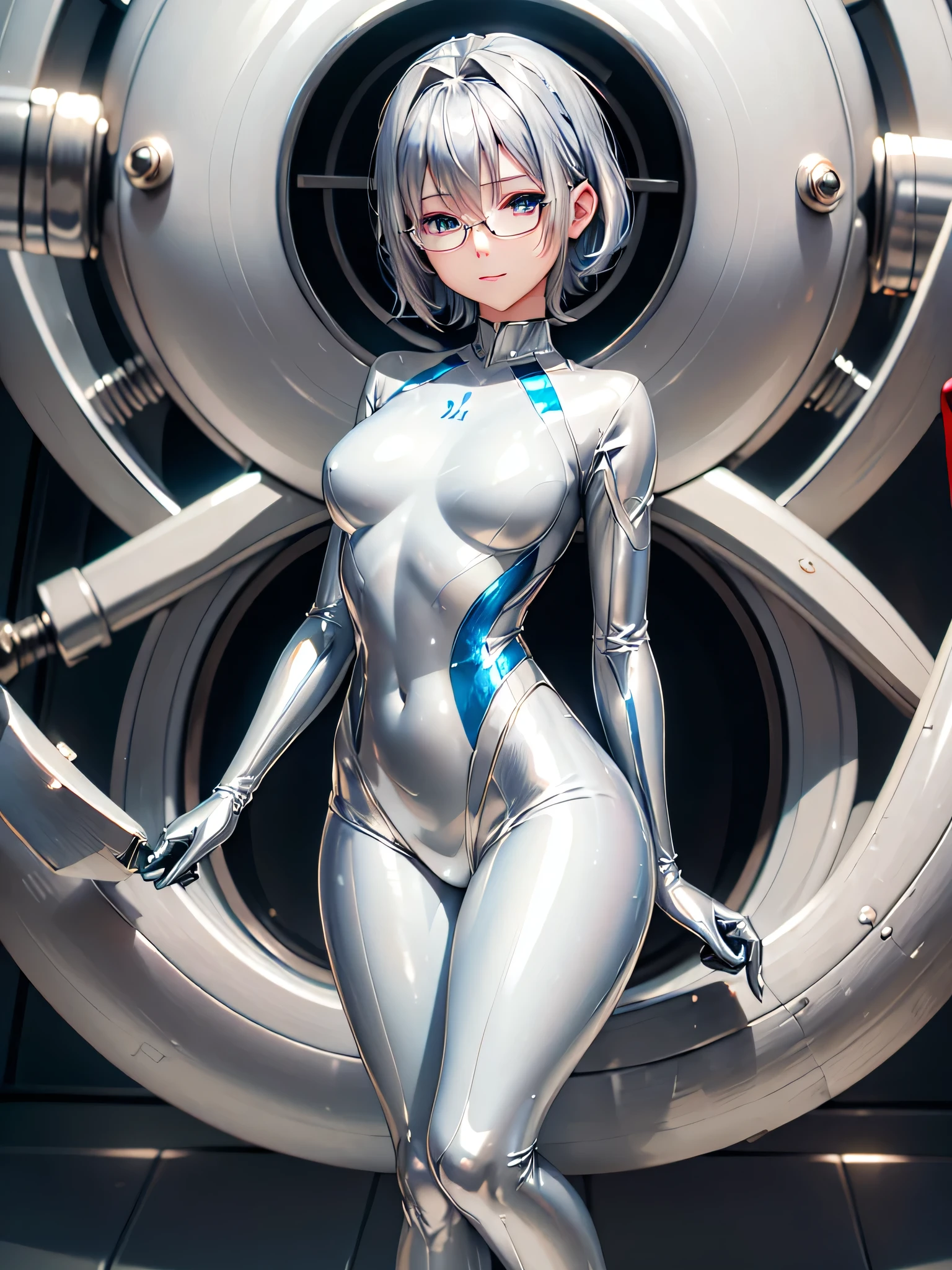 (( best quality )), ((masterpiece)), ( Details), (8k), (UHD), Close-up、 short hair、 blue eyes、 Silver Hair、Glasses、Full body silver metallic enamel suitを着た美女、Full body silver metallic enamel suit