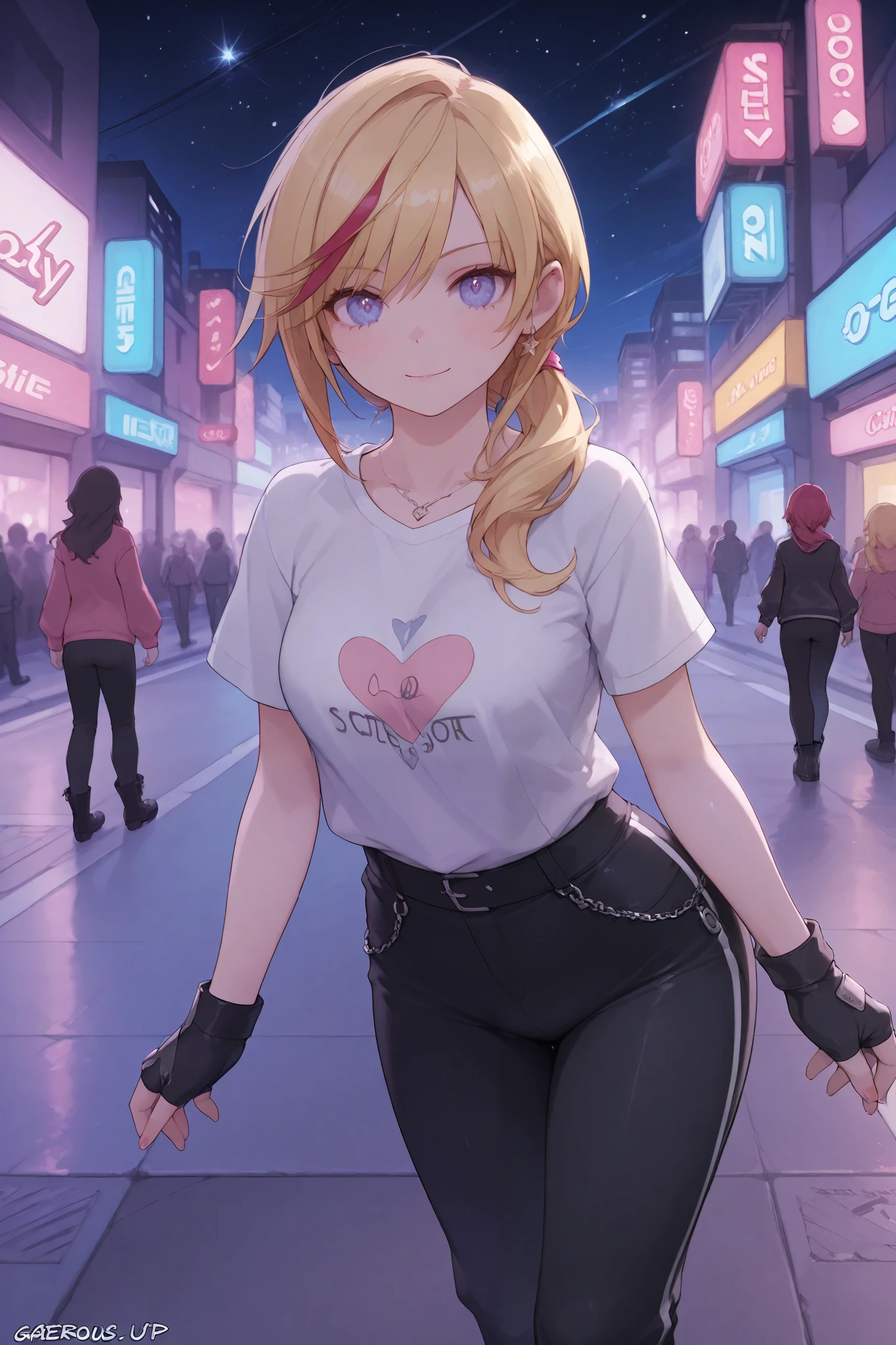 Lady, gorgeous woman, long side bangs, long flowing ponytail, blonde with red highlights on hair, lots of red stripes on hair, thin waist, medium breast, cleavage wasteland outfit, thick eyelashes, ultra detailed face, idol, black pants, black 'n white t shirt, streets adornments, black boots, fingerless gloves, futuristic adornments, lovely, city streets, night, starry night, cute walk