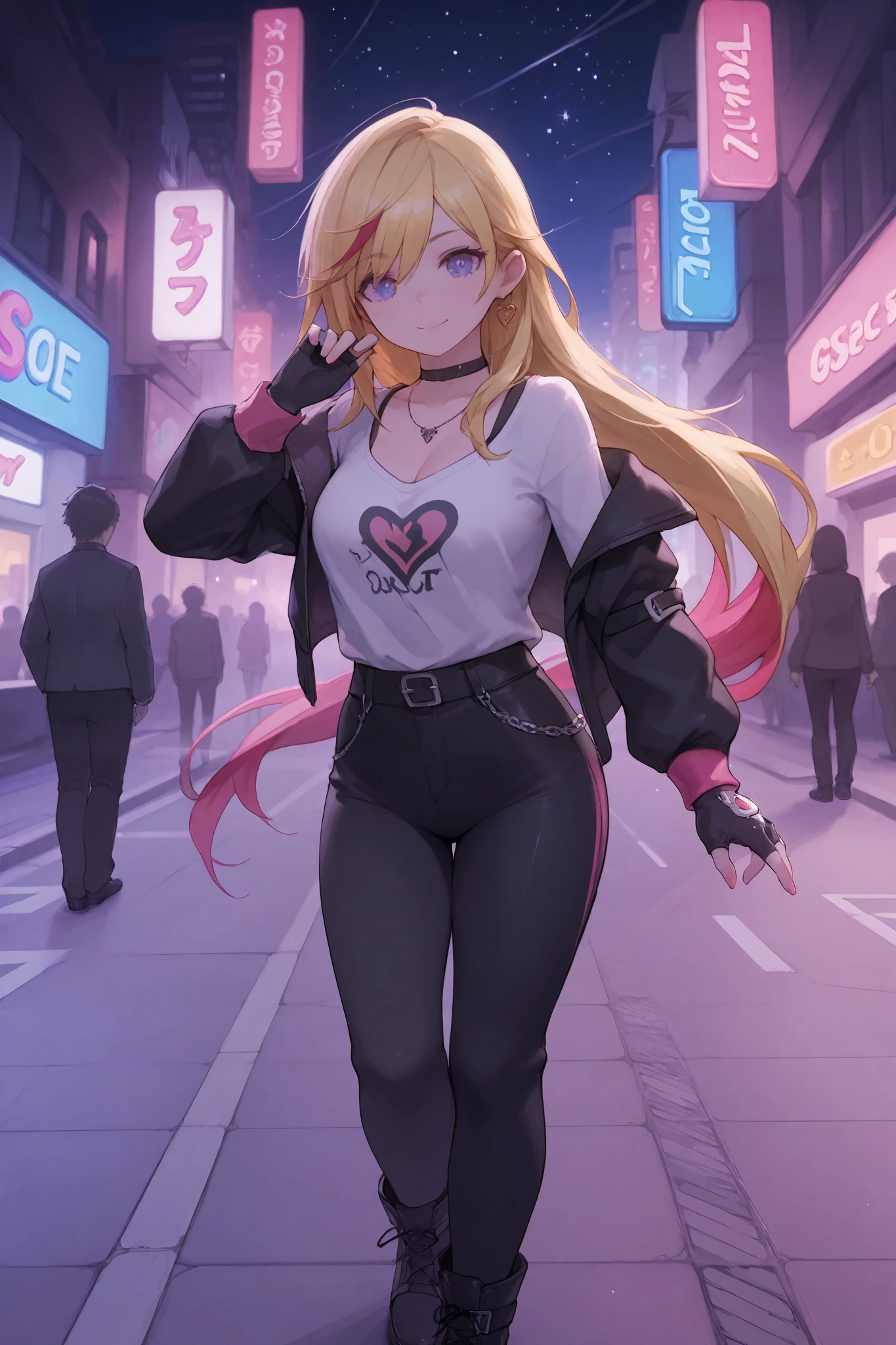 Lady, gorgeous woman, long side bangs, long flowing ponytail, blonde with red highlights on hair, lots of red stripes on hair, thin waist, medium breast, cleavage wasteland outfit, thick eyelashes, ultra detailed face, idol, black pants, black 'n white t shirt, streets adornments, black boots, fingerless gloves, futuristic adornments, lovely, city streets, night, starry night, cute walk
