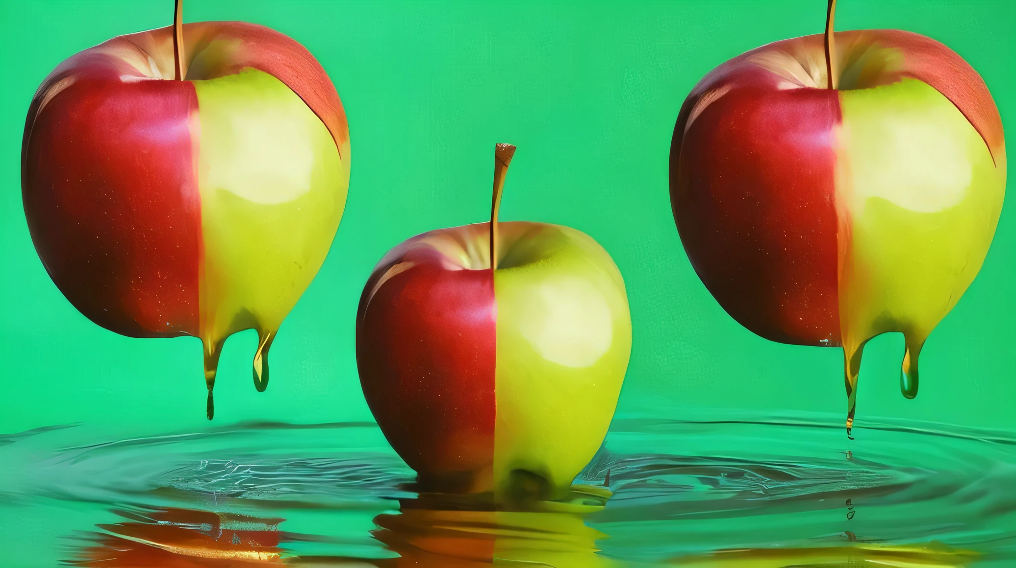 Ma apple sitting on top of the water on the right side, Left blank, green background , Surrealism Digital Painting , Colourful Surrealism, amazing food illustration, amazing food photography , ultra-realistic oil painting , Surrealism Color Photography , ultra-realistic oil painting , Realistic Color Photography , ultra-realistic oil painting , surrealistic oil painting , Beautiful 3D rendering, Surrealism Digital Painting