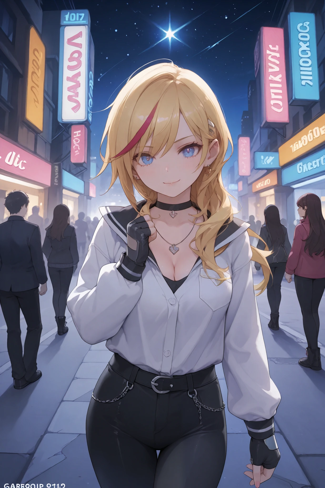 Lady, gorgeous woman, long side bangs, long flowing ponytail, blonde with red highlights on hair, lots of red stripes on hair, thin waist, medium breast, cleavage wasteland outfit, thick eyelashes, ultra detailed face, idol, black pants, black 'n white t shirt, streets adornments, black boots, fingerless gloves, futuristic adornments, lovely, city streets, night, starry night, cute walk