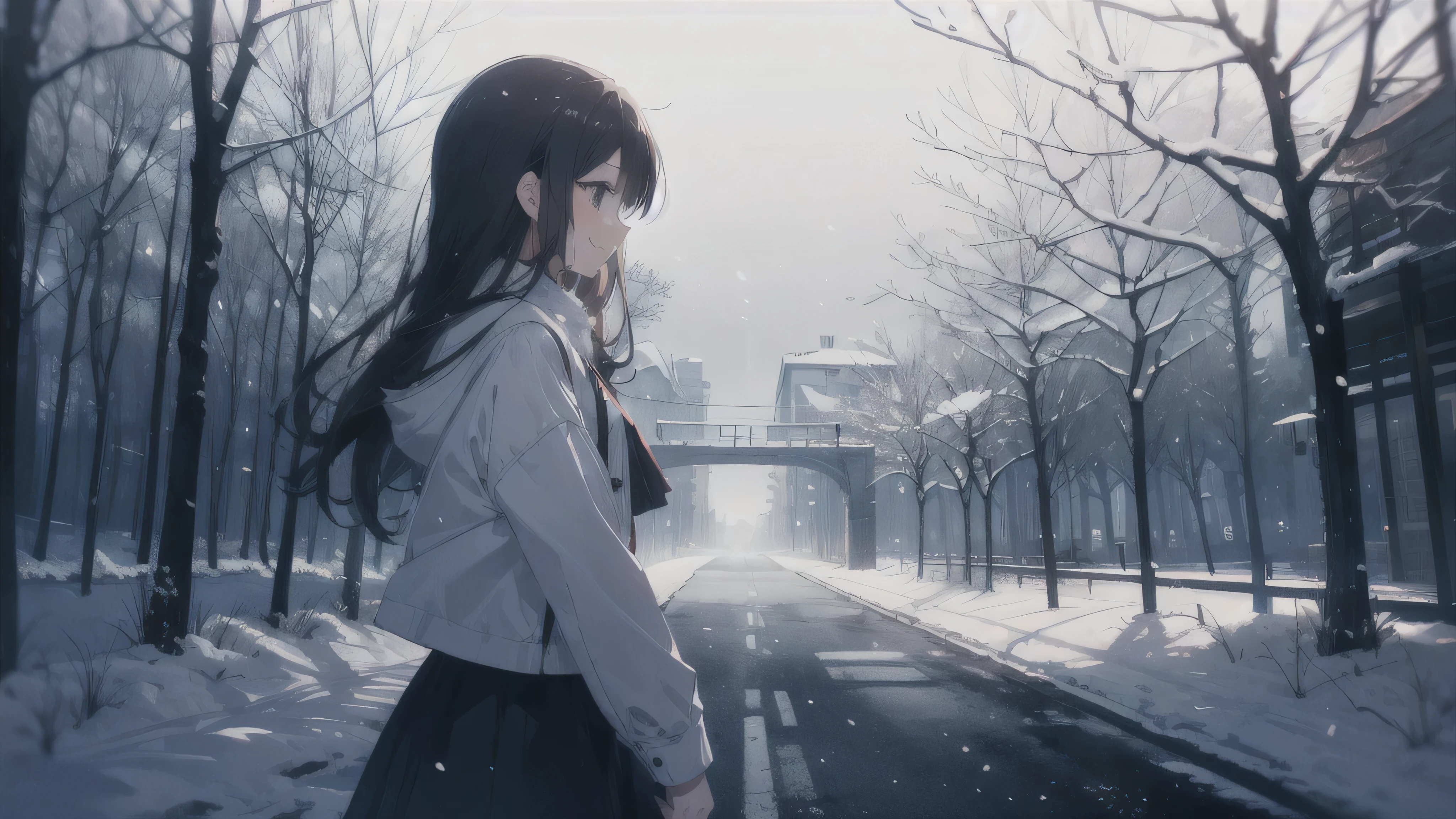  best smile、cute anime girl with dark hair 、 dynamic、solo、 long hair、garden，profile， Soft Light 、(Quiet snow falls and I suddenly see your smile at the end of the road walking alone）