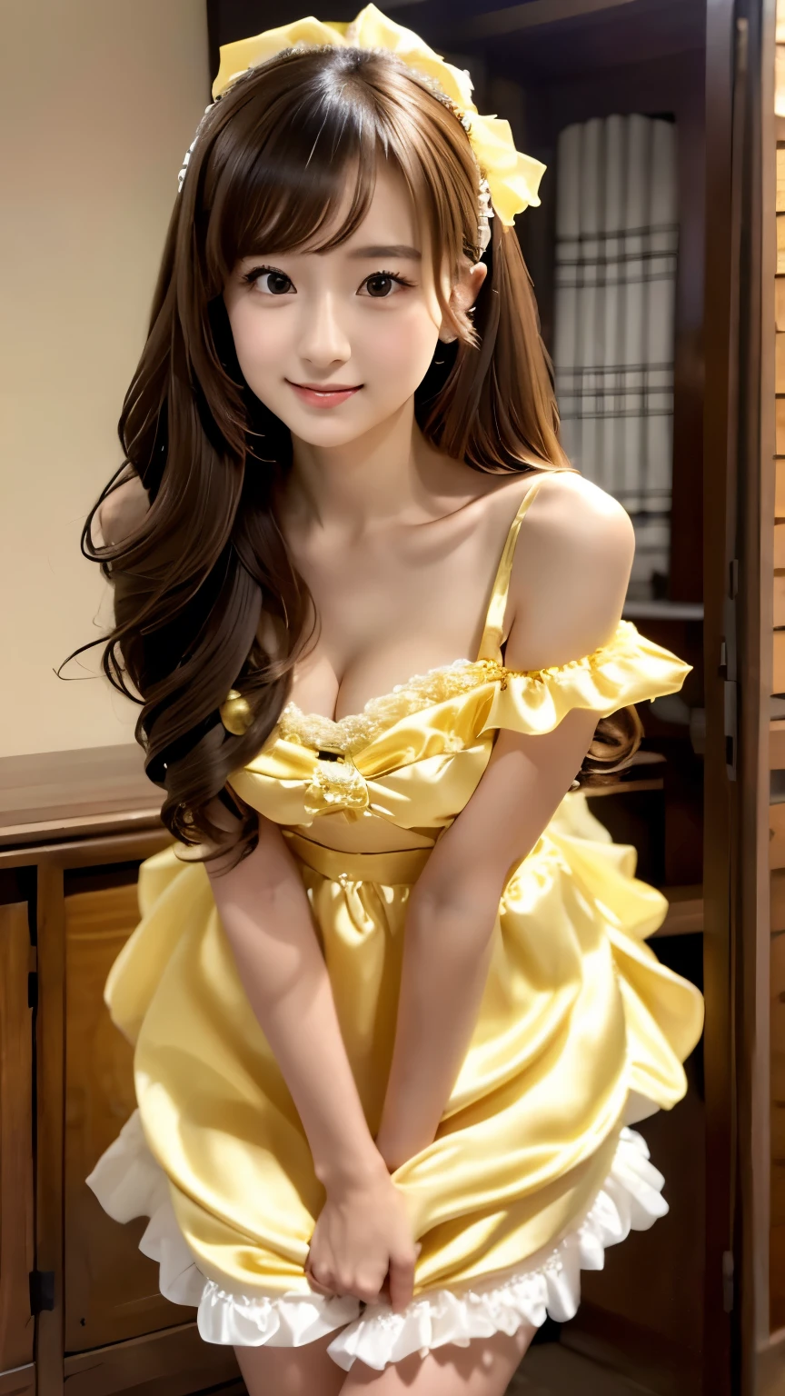 (masterpiece), (Highest quality), (Super detailed), image_type: Portraiture | Sexy big boobs cleavage: fashion | emotion: elegant | scene: A young girl in a yellow and white maid outfit stands elegantly in an elegantly decorated interior room | Beautiful light, Calm mood,Look to the side