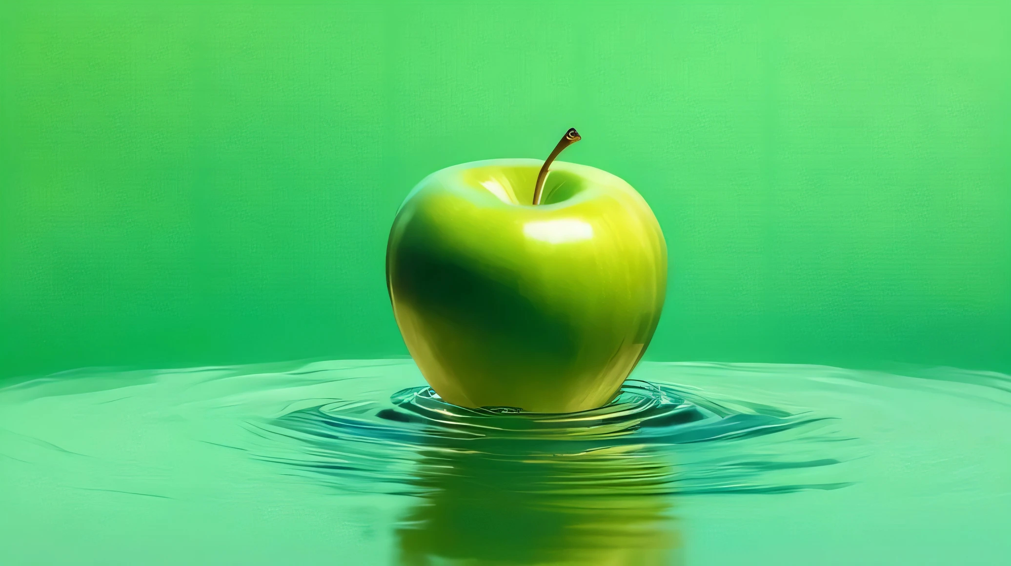 Ma apple sitting on top of the water on the right side, Left blank, green background , Surrealism Digital Painting , Colourful Surrealism, amazing food illustration, amazing food photography , ultra-realistic oil painting , Surrealism Color Photography , ultra-realistic oil painting , Realistic Color Photography , ultra-realistic oil painting , surrealistic oil painting , Beautiful 3D rendering, Surrealism Digital Painting