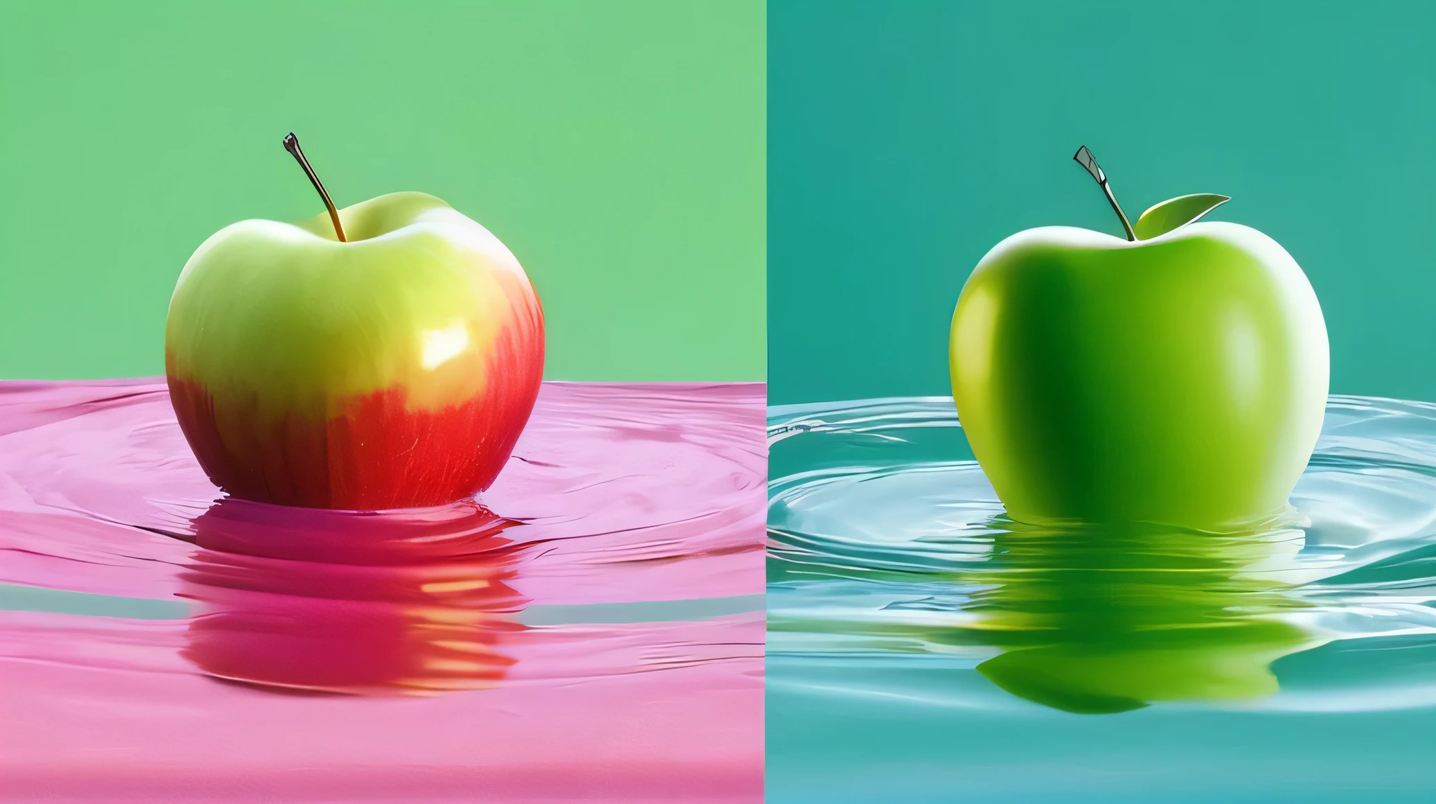 Ma apple sitting on top of the water on the right side, Left blank, green background , Surrealism Digital Painting , Colourful Surrealism, amazing food illustration, amazing food photography , ultra-realistic oil painting , Surrealism Color Photography , ultra-realistic oil painting , Realistic Color Photography , ultra-realistic oil painting , surrealistic oil painting , Beautiful 3D rendering, Surrealism Digital Painting
