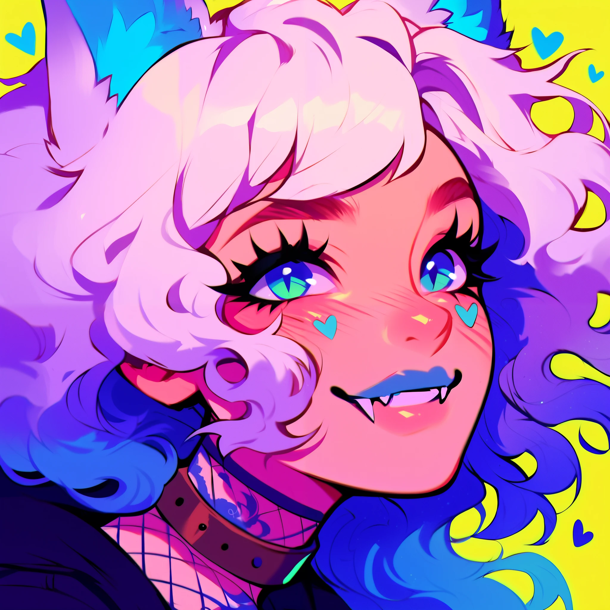 score_9, score_8_up, score_7_up, score_6_up, score_5_up, score_4_up, did vaporwave style, a male femboy with very long wavy white hair with blue highlights, has big fluffy wolf ears, has a wolf tail, wearing a thick brown collar with a heart hanging from it, wearing a cropped black hoodie with something cute on it, wearing denim short shorts, has blushy cheeks, has blue lipstick on, has tattoos, wearing fishnet stockings, smiling, showing wolf fangs, glowing blue eyes, bubbles, floating hearts,