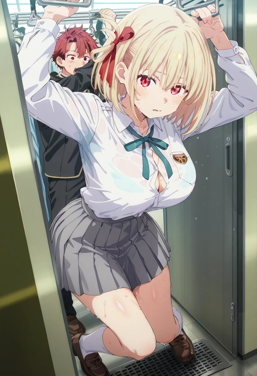 top-quality、lighting like a movie、anguished expression、Woman molested on a crowded train、ripped clothing、Small Panties、Undressed、seminude、full of sweat、Wearing sweat、cum on the body、 On the body、Can be touched by multiple hands、