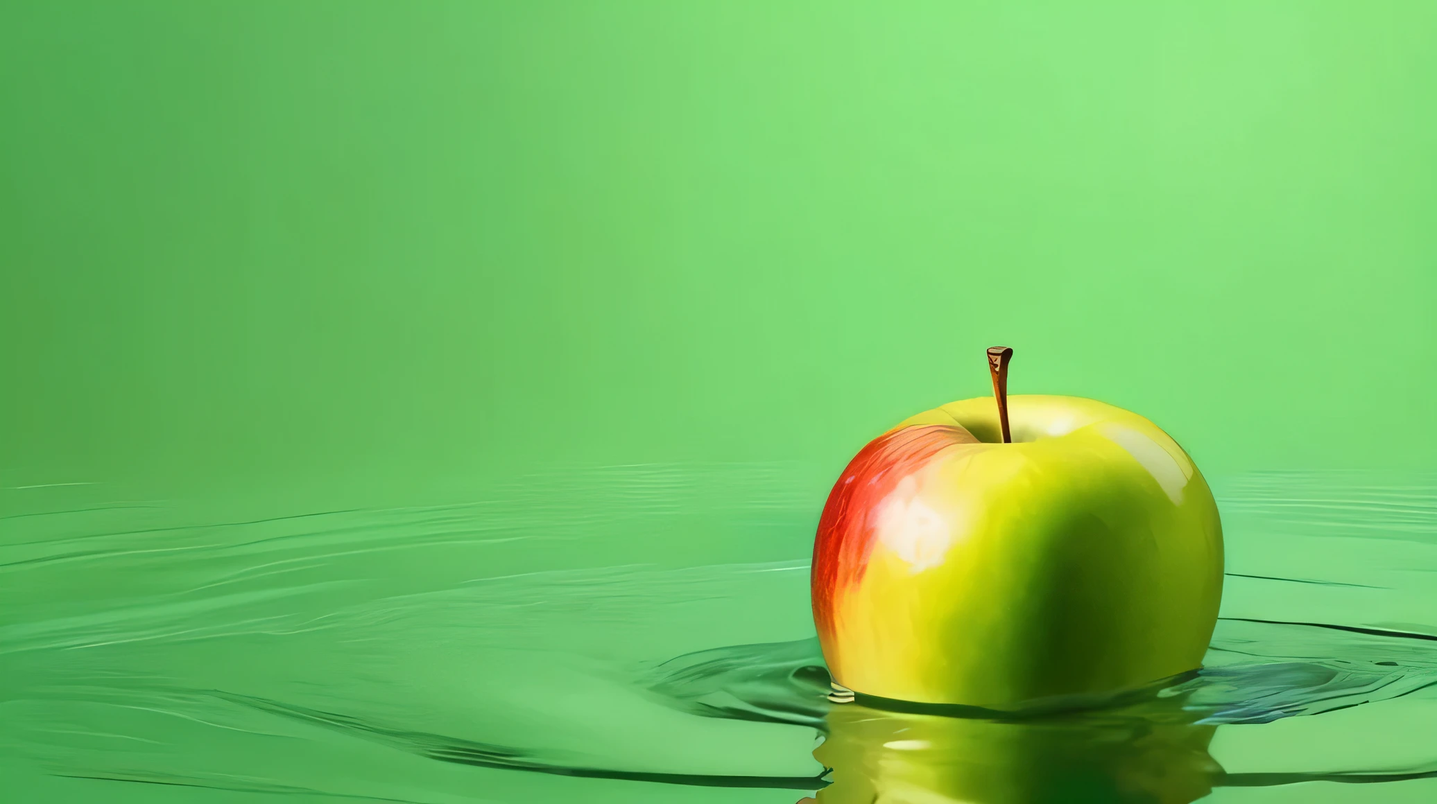 Ma apple sitting on top of the water on the right side, Left blank, green background , Surrealism Digital Painting , Colourful Surrealism, amazing food illustration, amazing food photography , ultra-realistic oil painting , Surrealism Color Photography , ultra-realistic oil painting , Realistic Color Photography , ultra-realistic oil painting , surrealistic oil painting , Beautiful 3D rendering, Surrealism Digital Painting