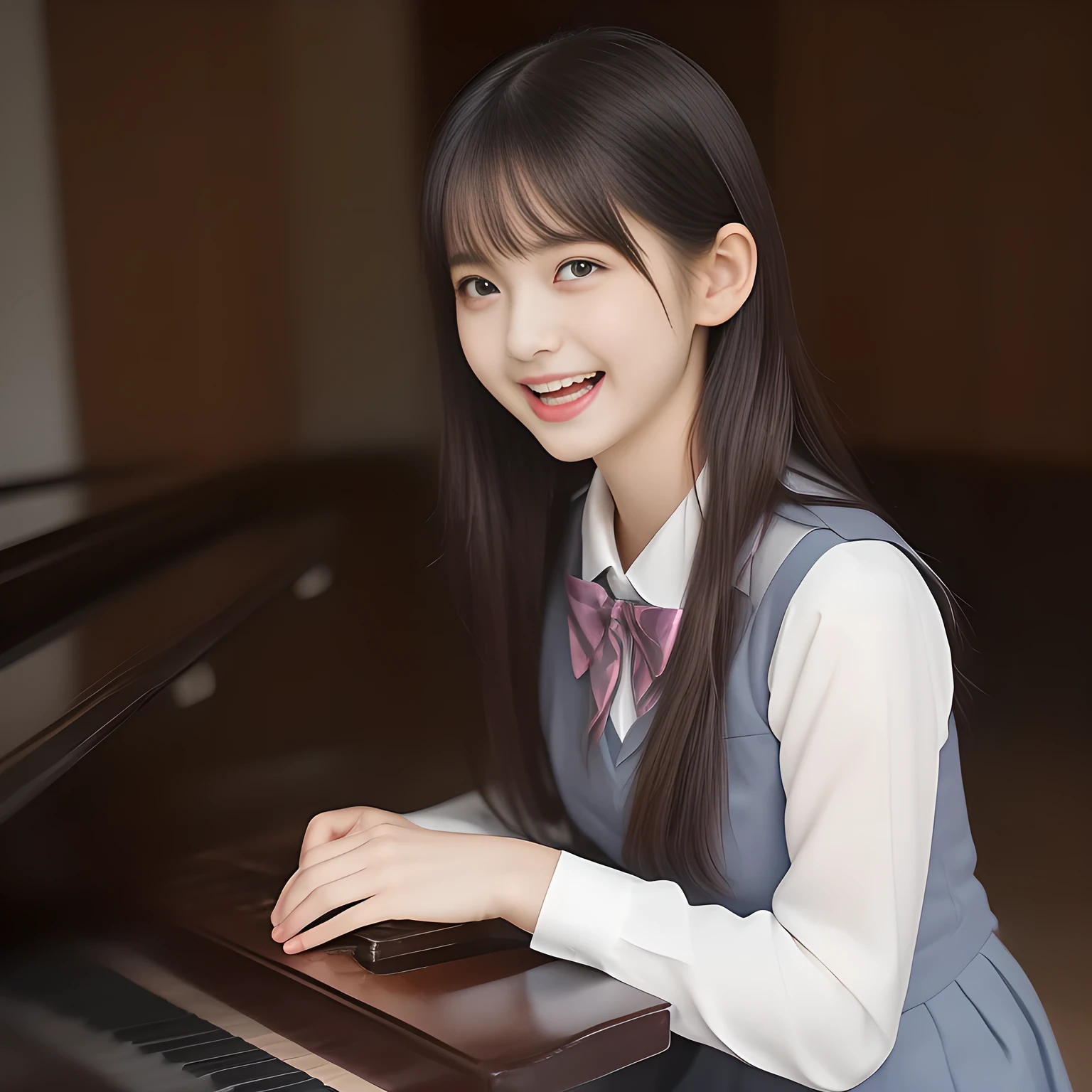 (highest quality、masterpiece:1.2)、highest quality、realistic、photograph、High resolution、1080p、8K、Pale, rough skin、The face is especially pale., physical rendering、((Height: 155cm)), one Japanese girl、A siren who looks like a Japanese junior high school student sitting in a music room、cute japanese girl, , , (((big very detailed beautiful dark brown eyes))), ((blue girly large wine-red glossy polyester Japanese school ribbon bow tie)), ((((very beautiful black long braids hair)))), ((((deep blue colored tartan checkered formal long pleated pleated skirt)))), ((Shiny beige blouse)), (((Looking at the viewers with loving eyes, smiling))), ((((Very happy)))), mouth is open, The big skirt is very cute, detailed fingers, Slender body, ((curled bangs)), so beautiful, long eyelashes, ((Very big and very very very cute eyes of a Japanese girl)), ((large pupils)), double eyelids, The entire skirt is photographed, Very cute face, thin eyebrows, ((drooping eyes)), ((long eyelashes)), ((cute lovely lovely laughing laughing cheeks)), ((The pure white light hits her face from the front, making her skin and eyes shine beautifully.)), (((((Very neat and so beautiful))))), shot from the side, ((idol face)), ((The sun is shining on my cheeks))