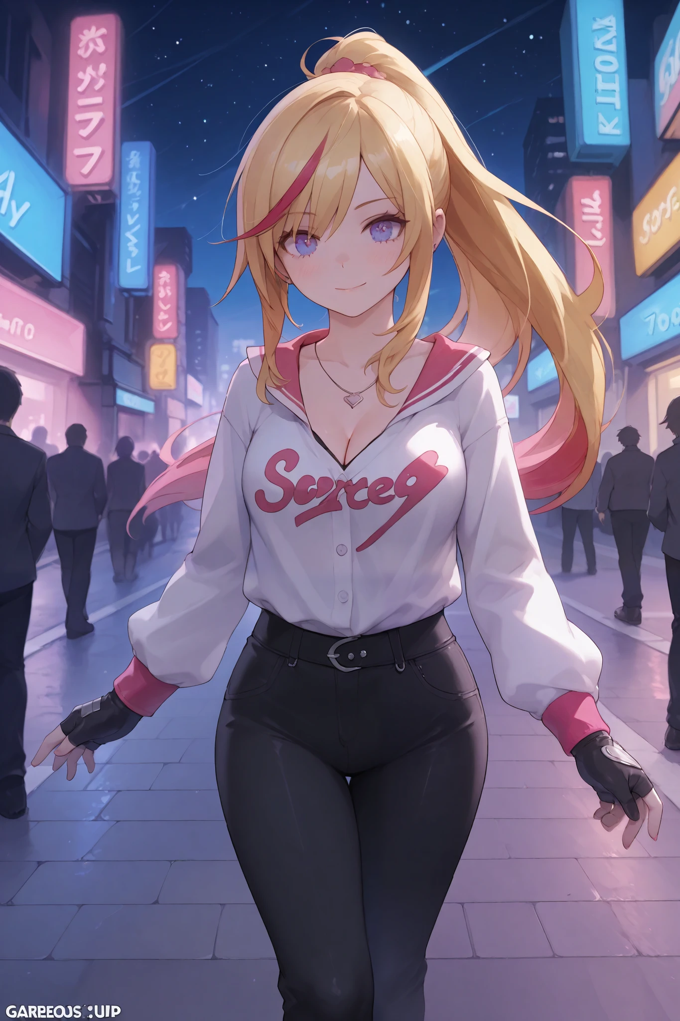Lady, gorgeous woman, long side bangs, long flowing ponytail, blonde with red highlights on hair, lots of red stripes on hair, thin waist, medium breast, cleavage wasteland outfit, thick eyelashes, ultra detailed face, idol, black pants, black 'n white t shirt, streets adornments, black boots, fingerless gloves, futuristic adornments, lovely, city streets, night, starry night, cute walk
