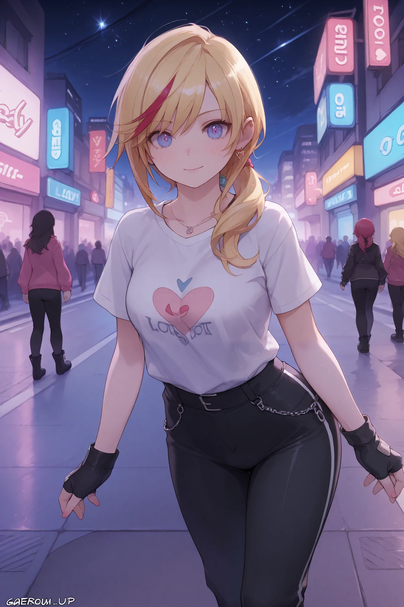 Lady, gorgeous woman, long side bangs, long flowing ponytail, blonde with red highlights on hair, lots of red stripes on hair, thin waist, medium breast, cleavage wasteland outfit, thick eyelashes, ultra detailed face, idol, black pants, black 'n white t shirt, streets adornments, black boots, fingerless gloves, futuristic adornments, lovely, city streets, night, starry night, cute walk