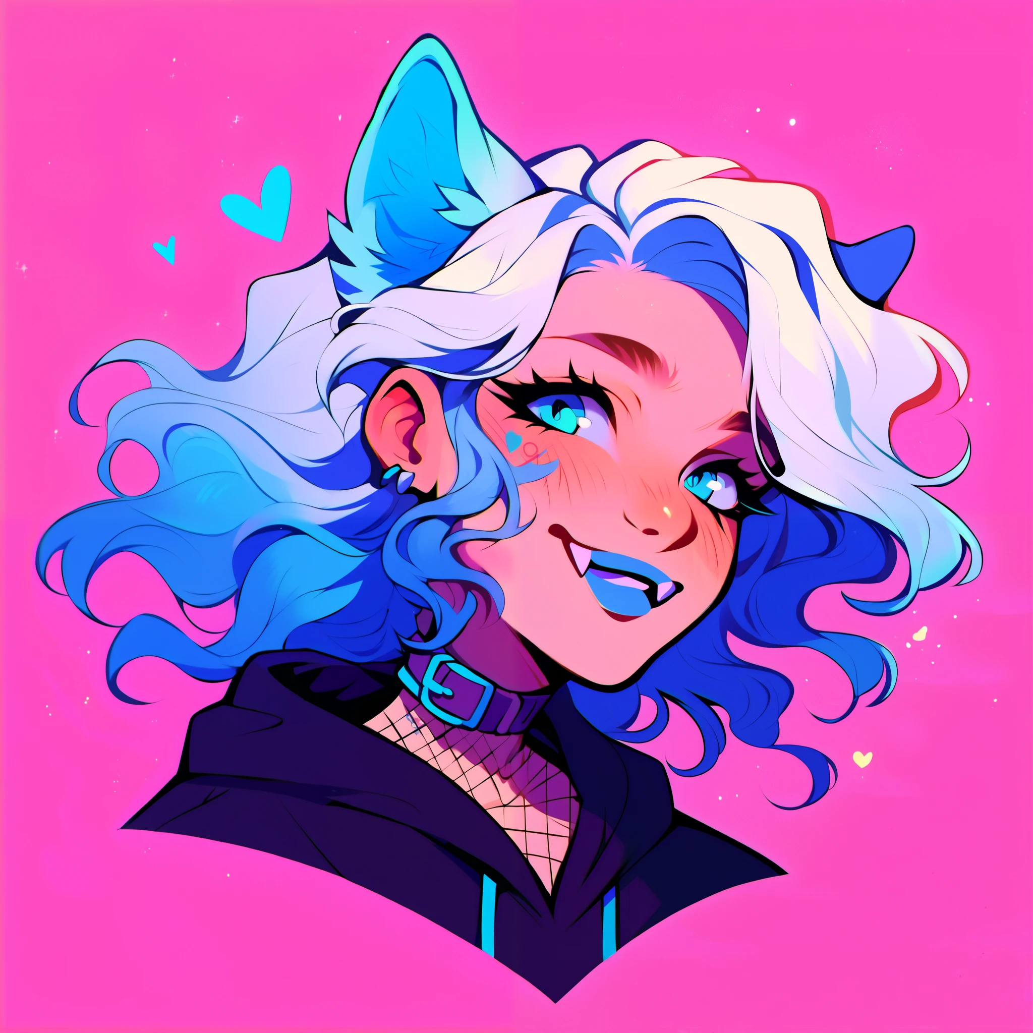 score_9, score_8_up, score_7_up, score_6_up, score_5_up, score_4_up, did vaporwave style, a male femboy with very long wavy white hair with blue highlights, has big fluffy wolf ears, has a wolf tail, wearing a thick brown collar with a heart hanging from it, wearing a cropped black hoodie with something cute on it, wearing denim short shorts, has blushy cheeks, has blue lipstick on, has tattoos, wearing fishnet stockings, smiling, showing wolf fangs, glowing blue eyes, bubbles, floating hearts, 