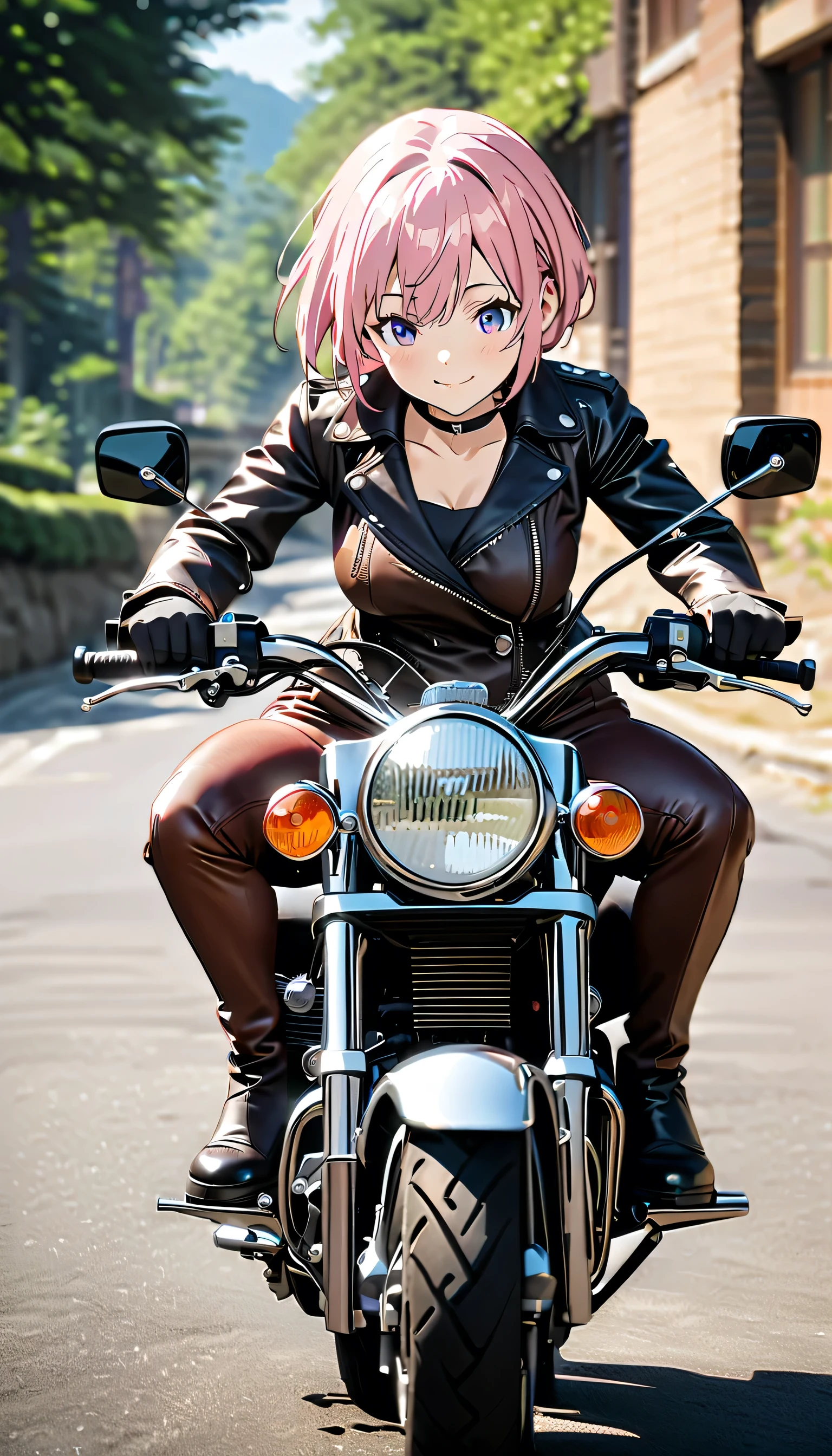(Highest quality, 4K, 8k, High resolution, masterpiece:1.2), Very detailed, Picturesque, Anime-style photos, Photo animation:1.37)、Japanese、(Pink Hair)、(Pixie Cut)、smile、Black choker、leather jacket、Leather pants、Riding a vintage motorcycle、whole body、Nakano Ichika