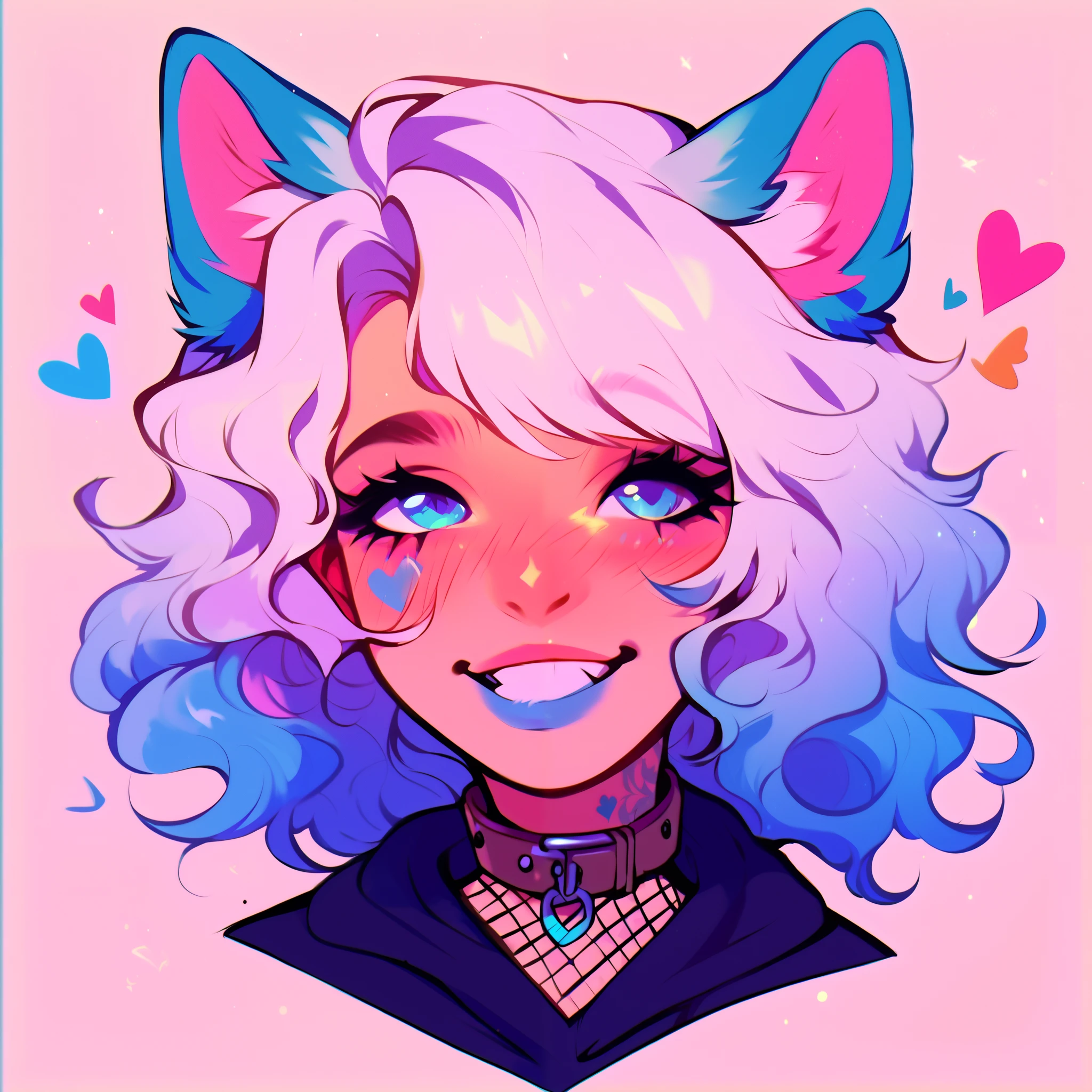 score_9, score_8_up, score_7_up, score_6_up, score_5_up, score_4_up, did vaporwave style, a male femboy with very long wavy white hair with blue highlights, has big fluffy wolf ears, has a wolf tail, wearing a thick brown collar with a heart hanging from it, wearing a cropped black hoodie with something cute on it, wearing denim short shorts, has blushy cheeks, has blue lipstick on, has tattoos, wearing fishnet stockings, smiling, showing wolf canine teeth, glowing blue eyes, bubbles, floating hearts,