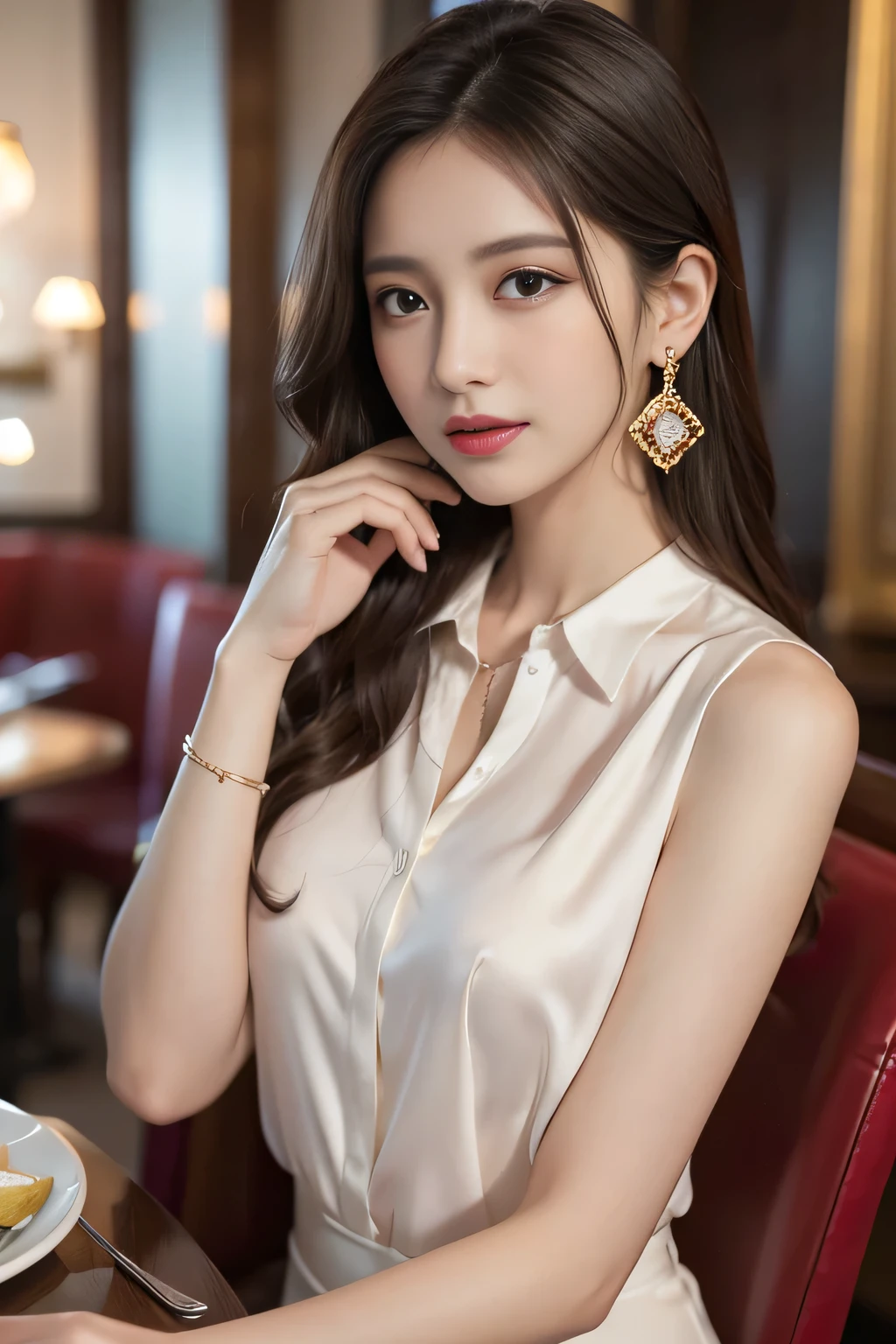 masterpiece, Highest quality, Realistic, Very detailed, Finer details, High resolution, 8k wallpaper, One beautiful woman, Wear a pretty colored silk shirt, In a great restaurant, At night, Light brown messy hair, Perfect dynamic composition, Beautiful and beautiful eyes、Big earrings、chest、Sleeveless shirt、