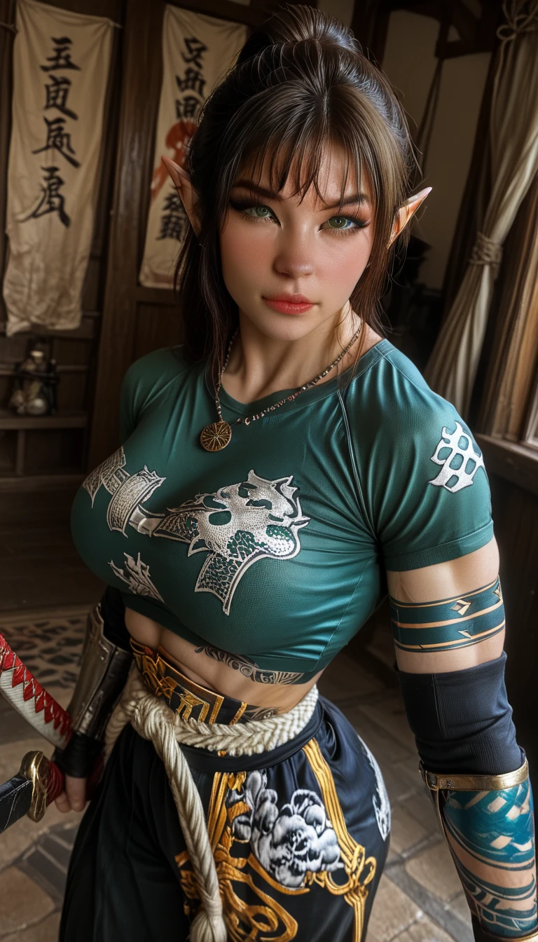 A beautiful red haired woman (Gwen Stacey:Tracer:Rebecca Chambers), 1girl, close-up, high detail face, aztec, mayan armor, jade head and neck jewelry, body tattoos, short hair, long tribal dress, wolf fur, ceremonial cape, tribal corset, mayan jungle, jade amulets, tribal piercings and tattoos, white tribal top, green eyes, shy smile, freckles, beautiful girl, large breasts, thigh high boots, ultra detailed, realistic, photo-realistic, masterpiece, ultra-high-definition, garter belt