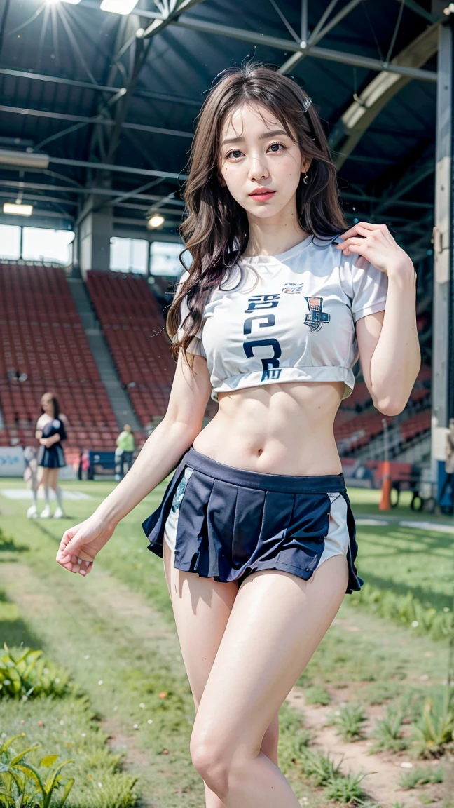 Very detailed CG Unity 8k 壁紙, Highest quality, Very detailed, masterpiece, Realistic, photo Realistic, とても詳細なかわいいgirl, Age 25, logic, 腹logic, Round eyes, audience,  blush, Release your lips, Full Body Shot ,Sportswear , Athletics Stadium,Sexy pose、１girl、smile、Sweaty wet skin、