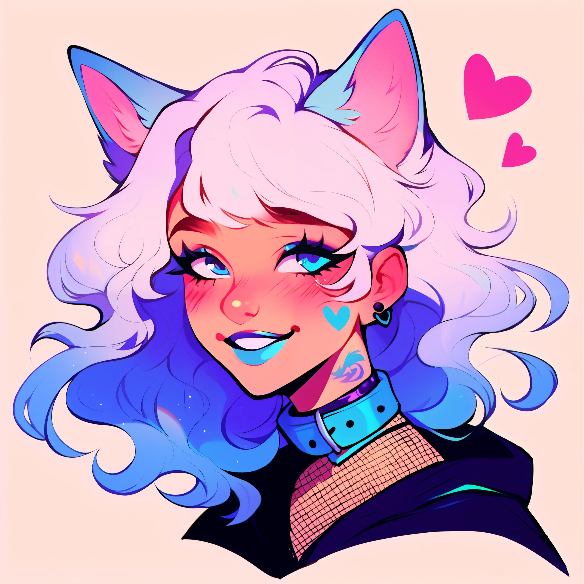 score_9, score_8_up, score_7_up, score_6_up, score_5_up, score_4_up, did vaporwave style, a male femboy with very long wavy white hair with blue highlights, has big fluffy wolf ears, has a wolf tail, wearing a thick brown collar with a heart hanging from it, wearing a cropped black hoodie with something cute on it, wearing denim short shorts, has blushy cheeks, has blue lipstick on, has tattoos, wearing fishnet stockings, smiling, showing wolf canine teeth, glowing blue eyes, bubbles, floating hearts,