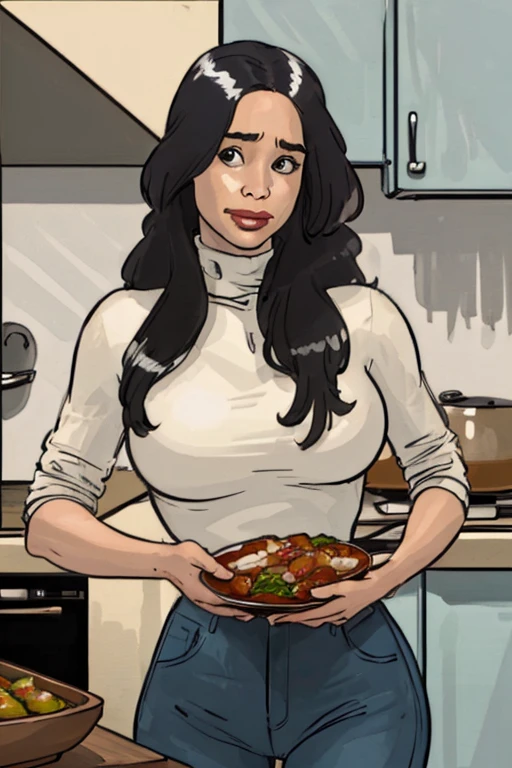 Denise Milani, pele escura, Sozinho, cabelo castanho, red scarf, white pinstripe stripe button shirt, Brown pants, curvado sobre uma mesa de sinuca, muitos clientes do bar olhando, olhando de volta para o visualizador