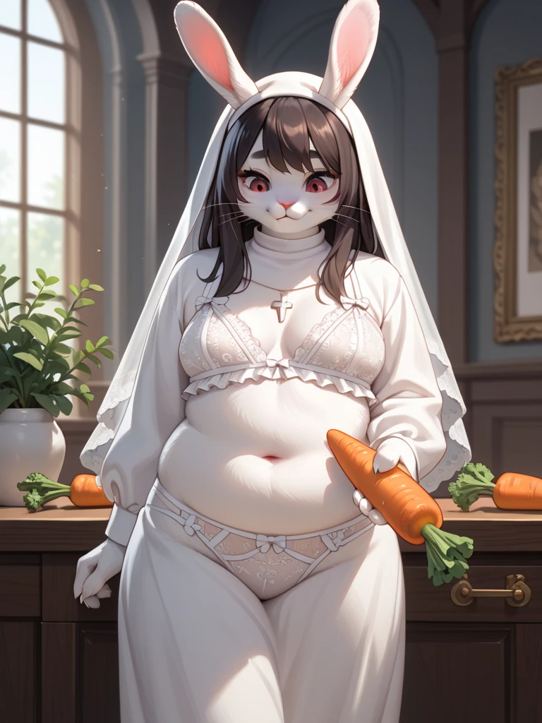 score_9, score_8_up, score_7_up, score_6_up, score_5_up, score_4_up, (solo), female anthro cow, bride dress, lusty, fluffy body, black hair, turquoise eyes, (thick thighs:1.5)((( offering the breasts))) sex partial clothes, (((cleavage))), (barely_visible_booba) (she is standing) , giant breasts , front view,pregnant