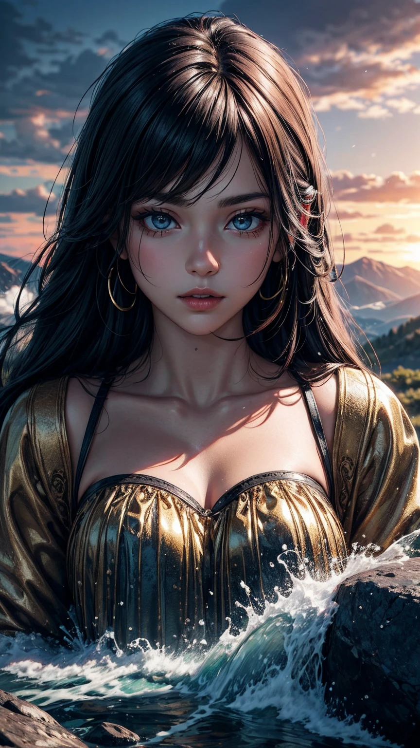 Hyper realistic nocturnal landscape, starry sky, the sea is quiet, the water's trail is visible on the shore, highly detailed realistic landscape, 8k quality, close-up shot, there is a 1.70 tall, slim Latina woman with long red hair and a refined nose. Her large eyes are filled with full lips and fine eyebrows. She is wearing a misty white dress with golden details. Her makeup is simple, with slightly shiny champagne-colored cheekbones, golden eyeshadow, and long, thick eyebrows. The atmosphere is tranquil and captivating, with the woman gazing intently into the distance. The composition is dynamic, with the woman in