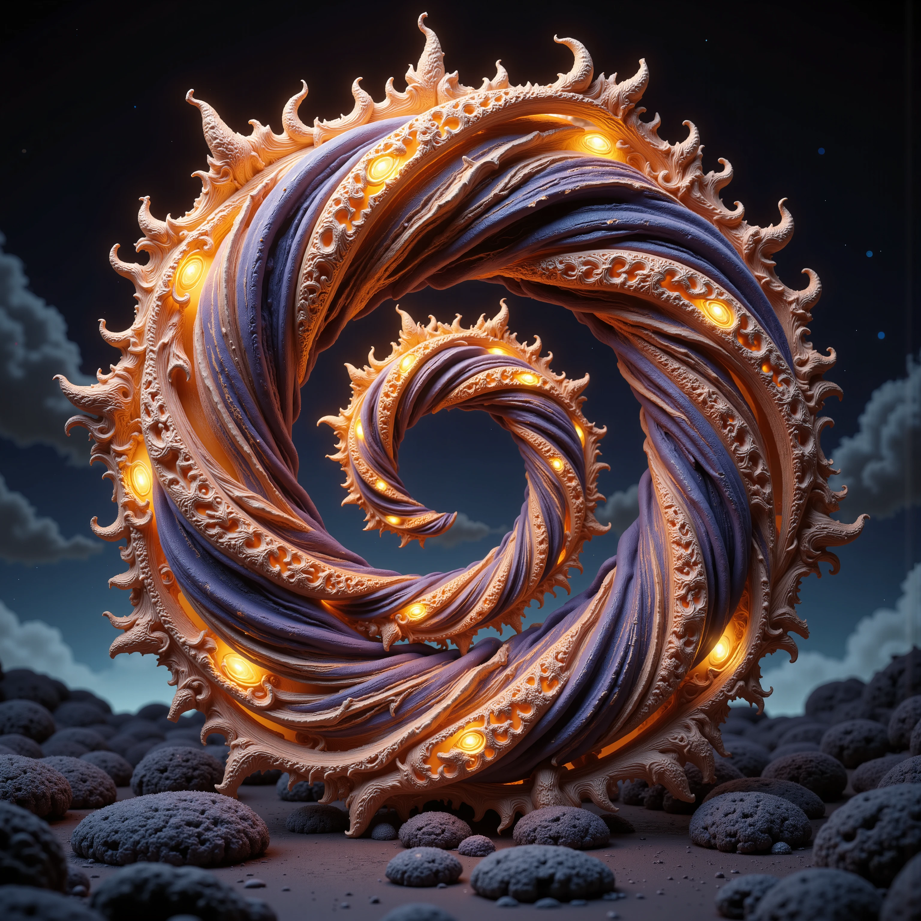Create a 3d masterpiece from this swirling spiral image. Depth of field, UHDR, Give some realistic sunstance and texture to go with the colors in a way that will make thebimage appearvto come right off the screen at the viewer. Attention to detailbon the creation of the substance and texture. Fractal Geometry should build up the patterns that could be used for texturevand to decorate the ends of the arms of the spirals. Make everything pop with realistic looking features and professional level quality artwork. Highers, Cinematic photography, cinematic portrait, cinematic lighting, portrait photography, hyperrealism, ultra detailed images, award winning, God rays, backlighting with depth of field and realism a priority. Icon style imagery. Iconic features to the extreme. Dramatic cinematography, 8k, ultra-fine painting, sharp focus and clean clear ink highlighted artwork. Photorealistic and third demintonal work. Awe inspiring, stunning,beautiful,iconic,masterpiece.