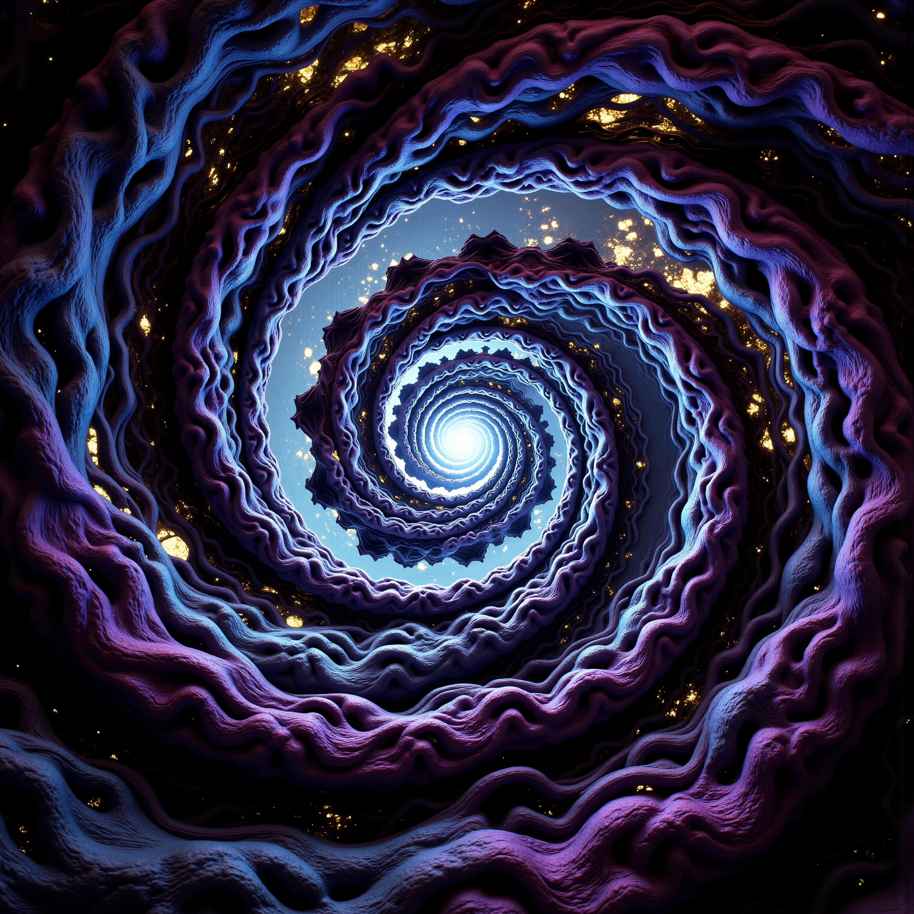 Create a 3d masterpiece  from this swirling spiral image. Depth of field, UHDR,  Give some realistic sunstance and texture to go with the colors in a way that will make thebimage appearvto come right off the screen at the viewer. Attention to detailbon the creation of the substance and texture. Fractal Geometry should build up the patterns that could be used for texturevand to decorate the ends of the arms of the spirals. Make everything pop with realistic looking features and professional level quality artwork. Highers, Cinematic photography, cinematic portrait, cinematic lighting, portrait photography, hyperrealism, ultra detailed images, award winning, God rays, backlighting with depth of field and realism a priority. Icon style imagery. Iconic features to the extreme. Dramatic cinematography, 8k, ultra-fine painting, sharp focus and clean clear ink highlighted artwork. Photorealistic and third demintonal work. Awe inspiring, stunning,beautiful,iconic,masterpiece.
