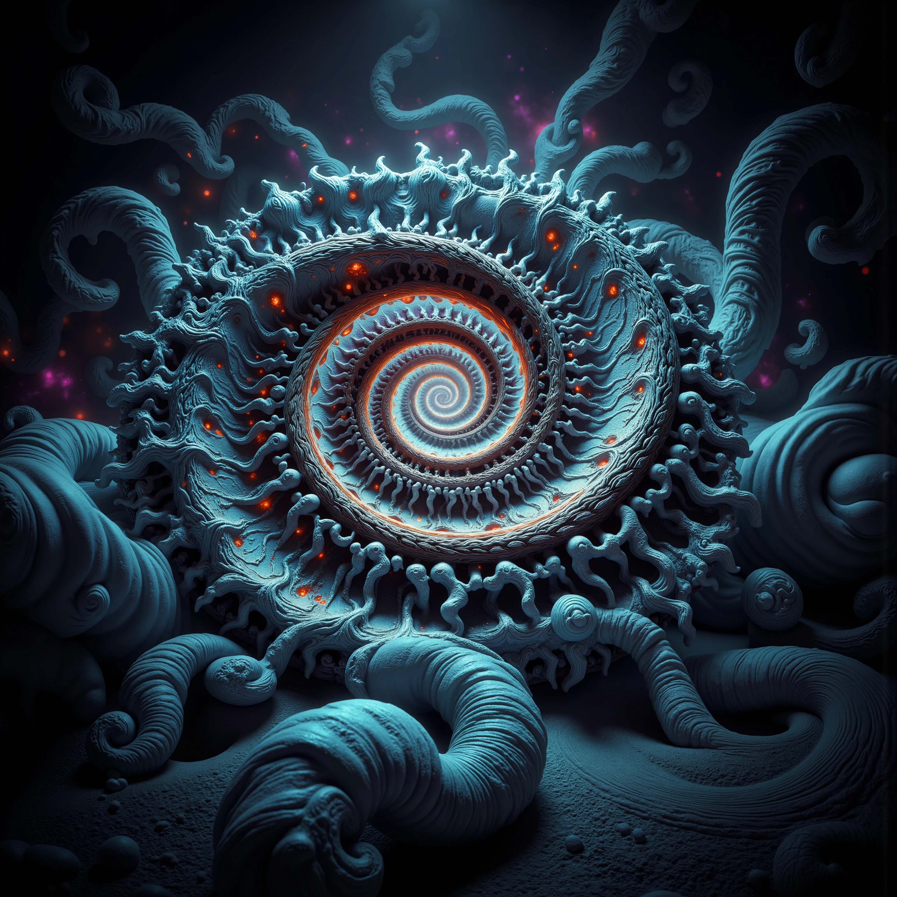 Create a 3d masterpiece from this swirling spiral image. Depth of field, UHDR, Give some realistic sunstance and texture to go with the colors in a way that will make thebimage appearvto come right off the screen at the viewer. Attention to detailbon the creation of the substance and texture. Fractal Geometry should build up the patterns that could be used for texturevand to decorate the ends of the arms of the spirals. Make everything pop with realistic looking features and professional level quality artwork. Highers, Cinematic photography, cinematic portrait, cinematic lighting, portrait photography, hyperrealism, ultra detailed images, award winning, God rays, backlighting with depth of field and realism a priority. Icon style imagery. Iconic features to the extreme. Dramatic cinematography, 8k, ultra-fine painting, sharp focus and clean clear ink highlighted artwork. Photorealistic and third demintonal work. Awe inspiring, stunning,beautiful,iconic,masterpiece.