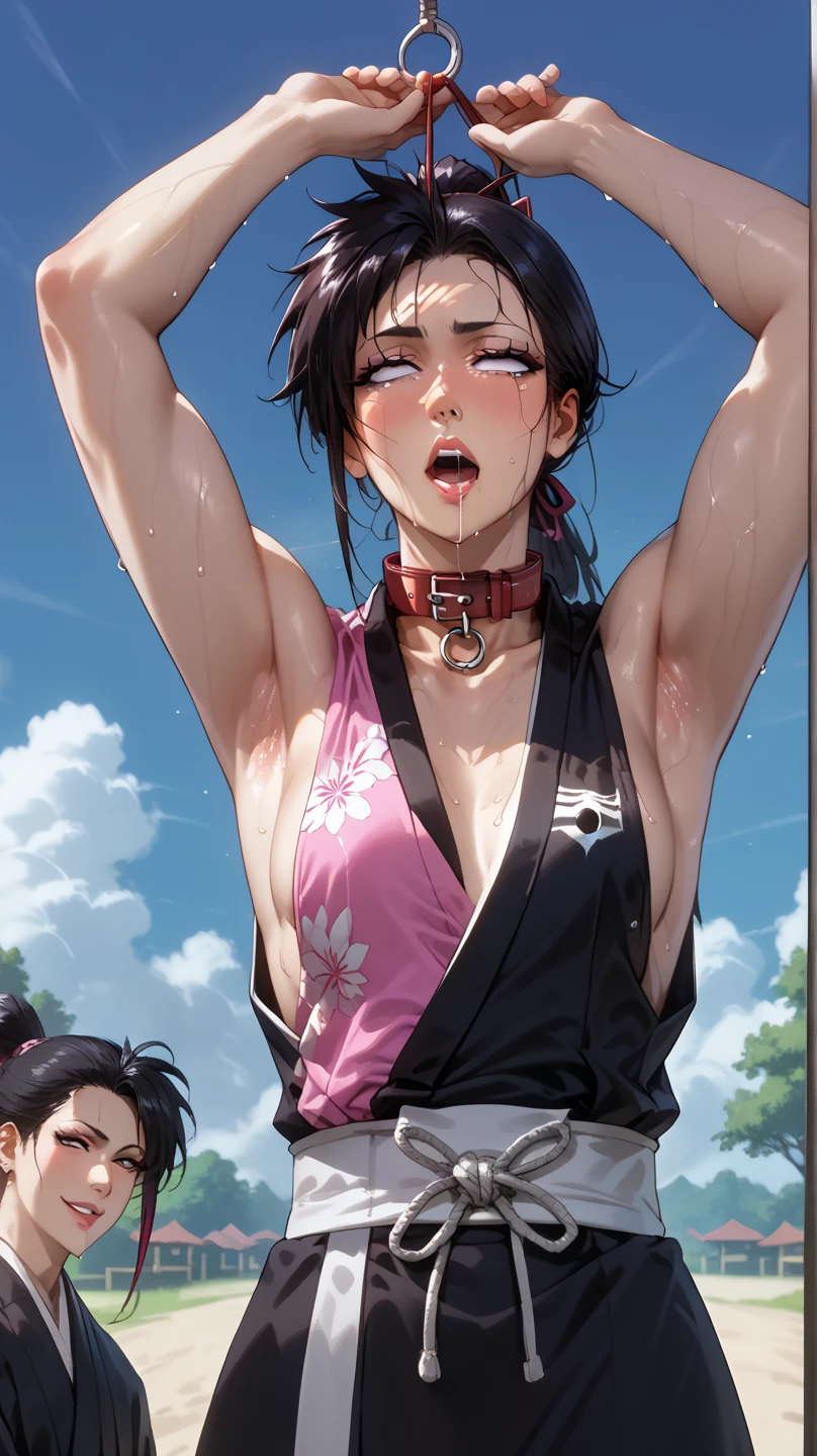 a bloody japanese girl streetfighter was defeatd. she was knocked out. she was beated terribry. she has no energy. she has short-cut black hair, shortness of breath, drool from her mouth, closed eye, exhaustion, and sweat soaked. open finger grobe. Muscularity. Six pack abs. Erect nipples. they are naked.