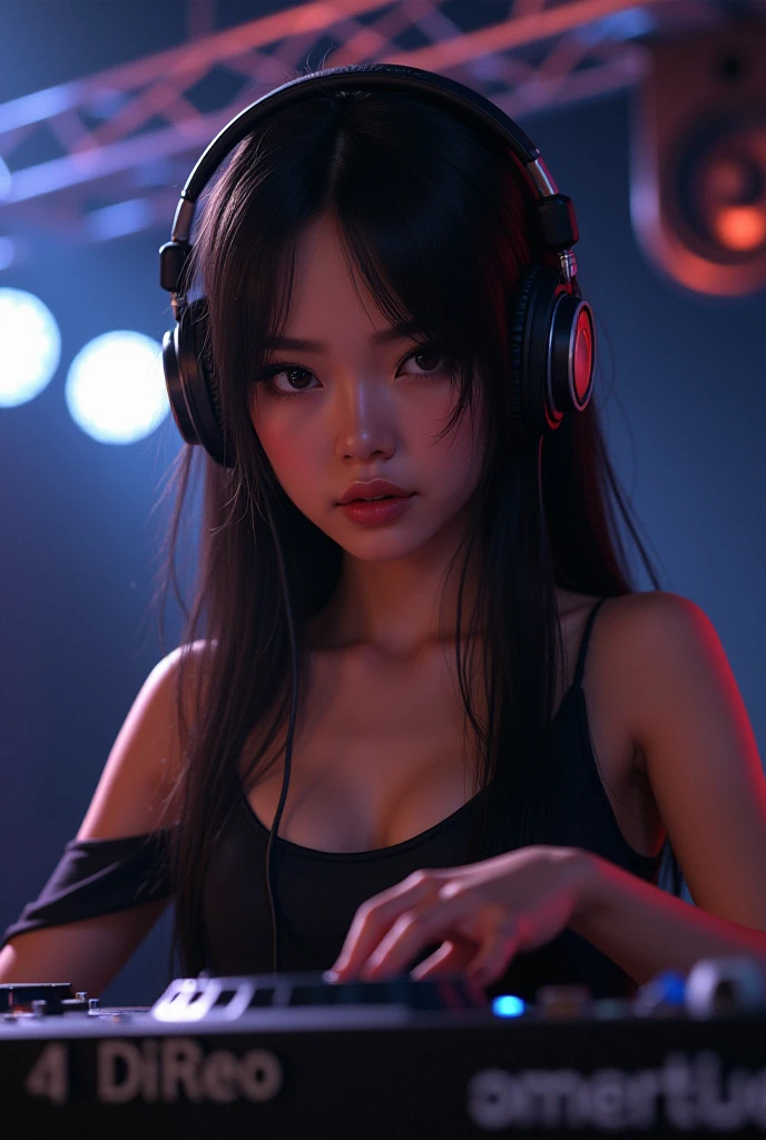 Alafed woman in DJ venue wearing headphones, ((A look tinged with joy，Ephemeral woman))，nightcore, With headphones, Kantai Collection Style, Soft lighting, with head phones, DJ female, anime moe art style，I am a DJ，((They are very focused:1.5)),，slim figure,extremely detailed eye and face、beatiful detailed eyes,Beautiful skins,finely detail、smooth hair，detailed hairs，Very fine hairs，Cool color makeup，Lowered eyebrows、Whitening effect，thin and thin eyebrowilky skin,DJs concentrate on the venue，(A scene from the venue)，((The gaze is looking at the venue))，The DJ machine is exquisitely operated