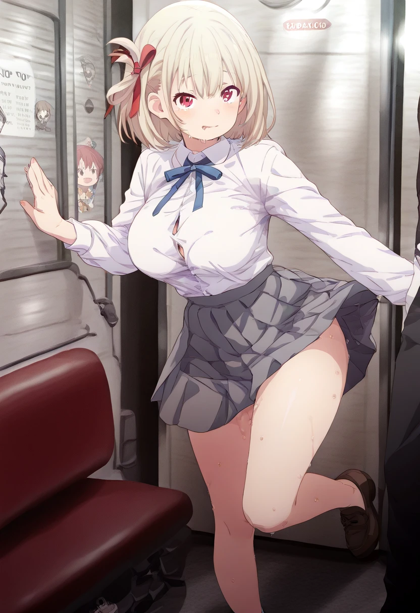 A naked middle-aged man is licking the vagina of a small-breasted girl with bob hair, crying, pure, erect nipples, pale pubic hair, topless, wearing floral panties and a plaid skirt, feeling embarrassed and scared, and resisting, standing on a train、whole body
