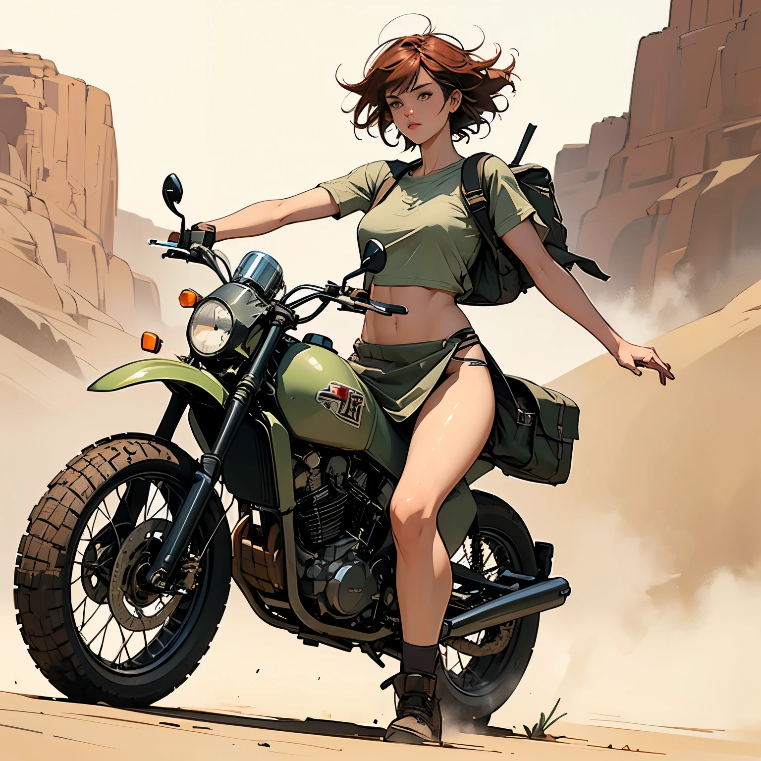 masterpiece, best quality, ultra-detailed, illustration, ranger, motorbike, motorcycle, traveler, dirtbike, roughneck, girl, solo, muscle, tone, robot legs, (goggles on head), wilderness, future, cyberpunk, forest, nowhere, hiking, alien planet, nuclear, wasteland, fallout, Chernobyl, sexy, rain, rocks, dirt, mud, sand, sun, heat, extreme, elements, rough and tumble, rope, tow, stuck, hitchiking, desert, highway, dirt road, survivalist, beautiful girl, squid, no jacket, crop top, bikini, tank top, auburn hair, detailed landscape, riding pants, candid, full body, detailed face,