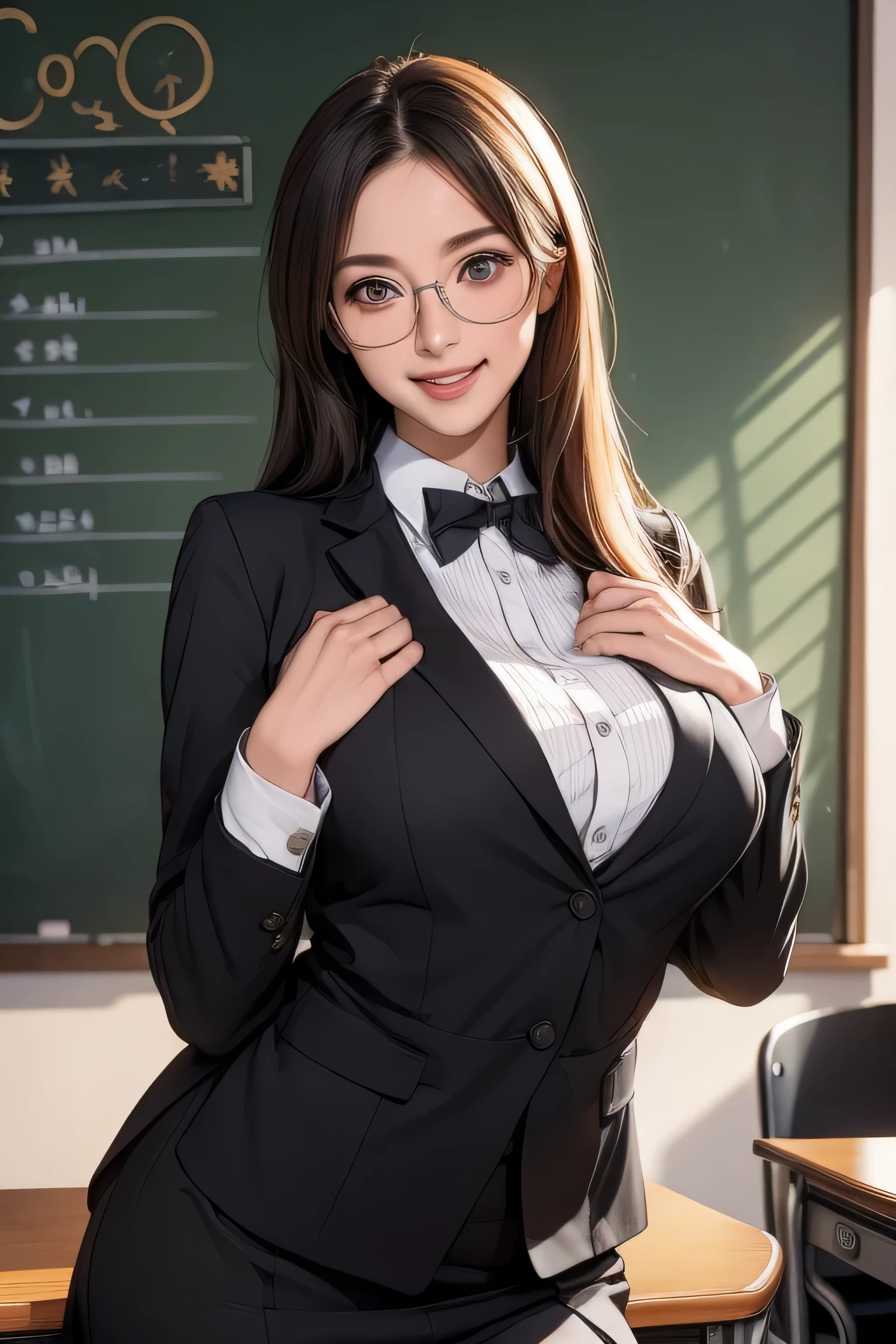 anime big breast, Realistic female anime style, (aegyo sal: 1), 18 years old girl, (grey blazer, tape, Fold the miniskirt, sockes, Private school uniforms: 1.2), Junior High School Classroom, The details in the eyes are beautiful, (eye size: 3/4) light in face, ((fully body photo: 1.2)), especially strong light, (Upper Eye, Smiling smile: 1.2), glowy skin, (((brunette color hair, Cabello Bob: 1.2))), (Thigh thick), ulzang-6500-v1.1: 0.2, bashful, (Flash: 1.2), NSFW , (swollen), ((tempting pose: 1.2, attractiveness: 1.2)), (invalid), (sitting at a desk in classroom: 1.2)), ((Good anatomy: 1.2)), ((Bright and refreshing classroom, The background is blurred out: 1.2)), s the perfect face, Cute and symmetrical face, (high-angle shot: 1.2)S., Natural side lighting, ((8K, photo RAW, SuperiorQuality, tmasterpiece), HD RAW color photo professional close-up Photograph, (realisticlying, rendering: 1.37), (Highest quality), (better shade), (Most Best Illustration), 鎖骨 ((The large)), ((Erotic, Sexy, 超高分辨率, 8K HD unified CG wallpaper, Physical representation, Movie lighting), Canon EOS R50 camera 50mm lens