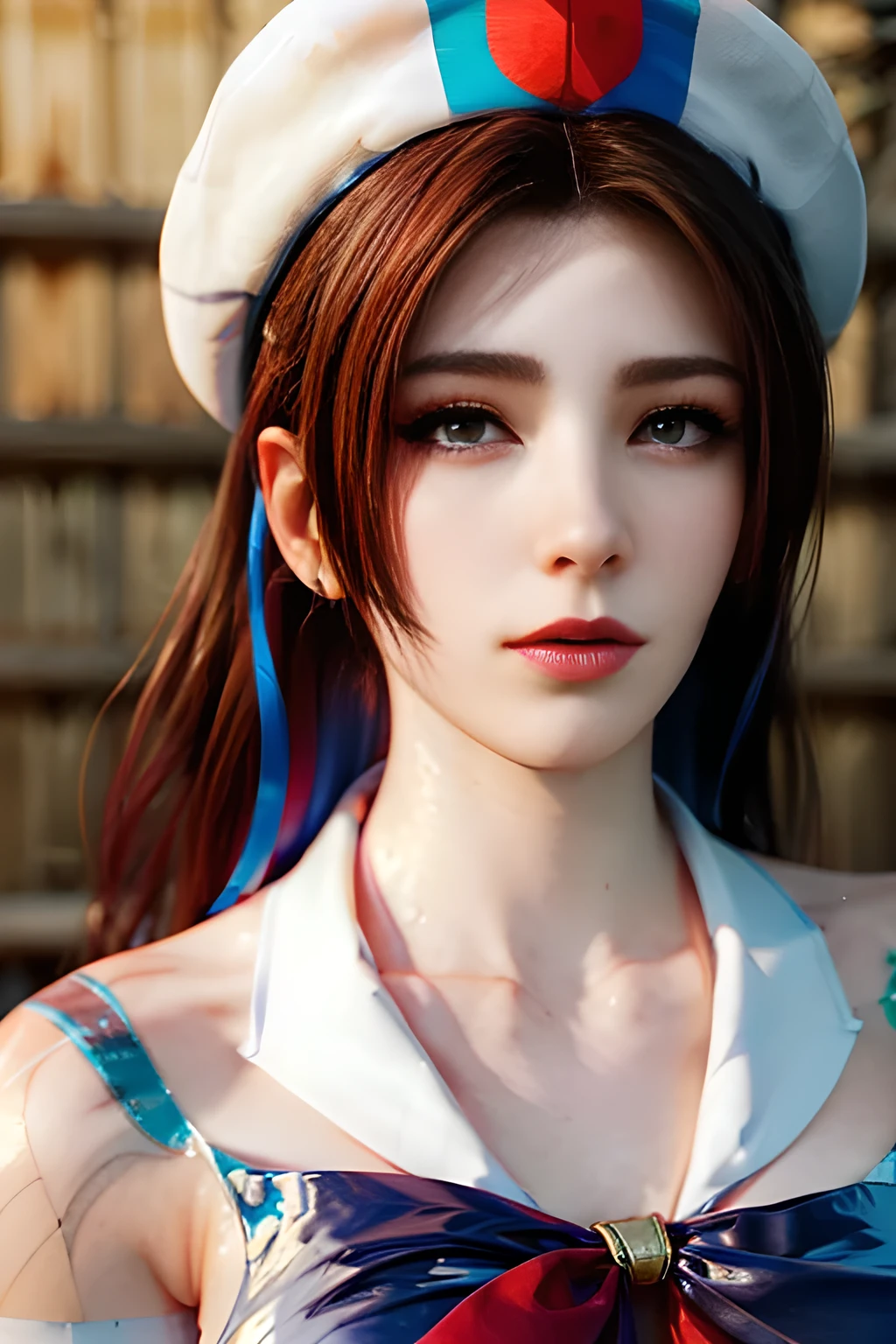 1 girl ,solo,(white and blue theme:1.1), (wear white school uniform top over school swimsuit:1.3), (white shirt:1.4), (sailor collar:1.4), (red tie:1.4), (white beret with blue ribbon:1.3), (shut shirt front), (white shirt covers the bosom of the swimsuit:1.2), (short sleeves:1.2), (parted clothes at the top and bottom:1.2), (blue one-piece swimsuit:1), (white thighhighs:1.3),,,,Huge breasts,busty, cleavage,collarbone, parted lips, (Long wavy hair:0.9), parted bangs, shiny skin,earring,Real hair,(tattoo:1.2), shiranui mai,(best quality, ultra-detailed, photorealistic: 1.39), bright and vibrant colors, studio lighting, from below