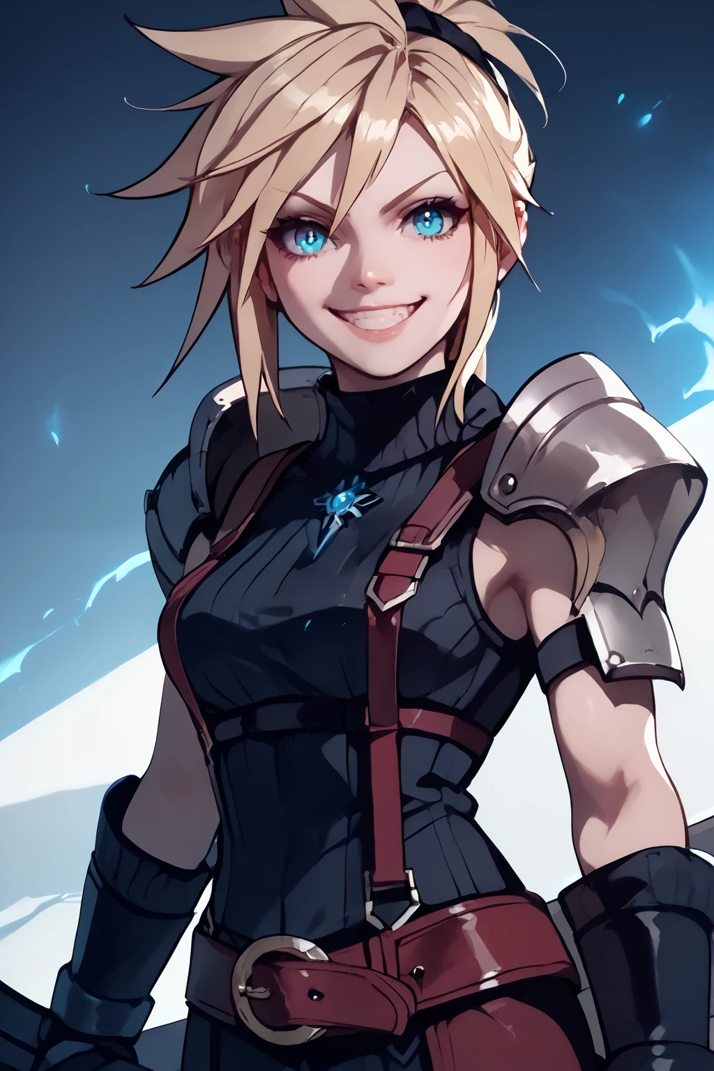 (masterpiece, best quality:1.2), Blue glowing eyes, perfect face, highres, 1 girl, solo, ultra long ponytail, (female:1.5), strife, blonde hair, shoulder armor, sleeveless turtleneck, suspenders, belt, gloves, bracer, evil smile, standing, portrait, looking at viewer, giant sword on the back