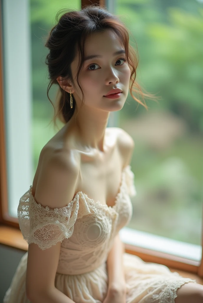(solo), (a detailed full body RAW photo of a girl), (masterpiece), (best quality), (ultra highres), (photorealistic), 8k resolution, Canon EOS R5, 50mm, absurdres, ultra detailed, (18yo), sharp focus, cinematic lighting, detailed beautiful face, (makeup), (ulzzang-6500-v1.1), petite figure, detailed skin texture, pale skin, flat chest, (skinny and fit body), thigh gap, detailed short brown hair, (very messy hair), smiling, (naked), realistic glistening skin, (cameltoe), (sweating), slim waist, seductive smile, solo