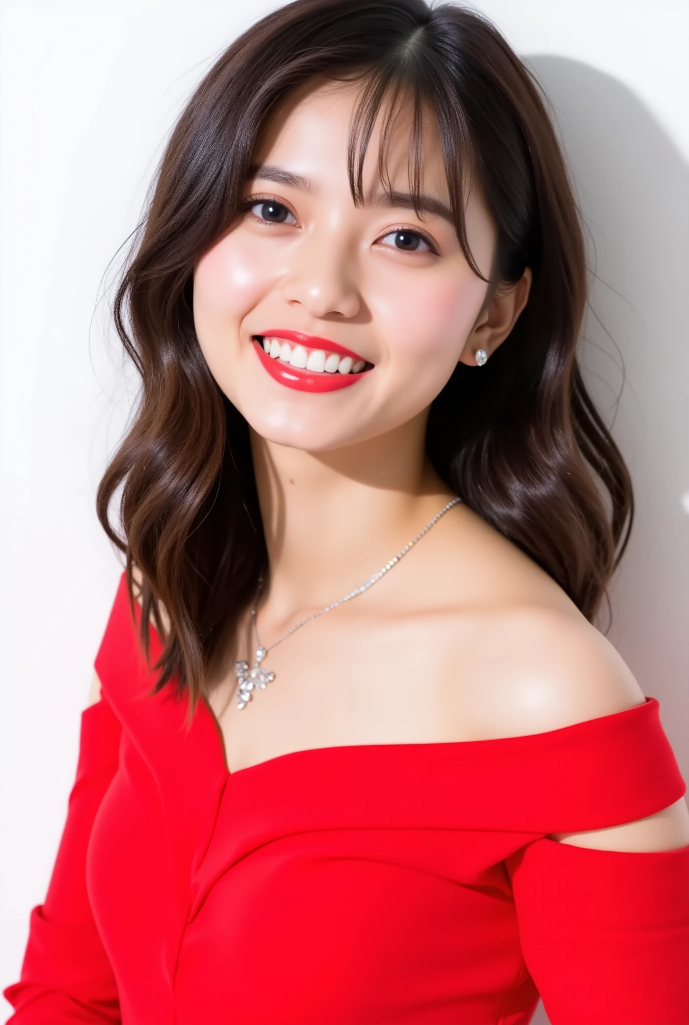 beautiful 韓国人woman 、、 She is wearing a red off-the-shoulder dress、Red eyeshadow 、Hairstyle: Medium long、wavy hair 、Ear piercing、 Smiling Face Showing Her Teeth 、 necklace、 white background