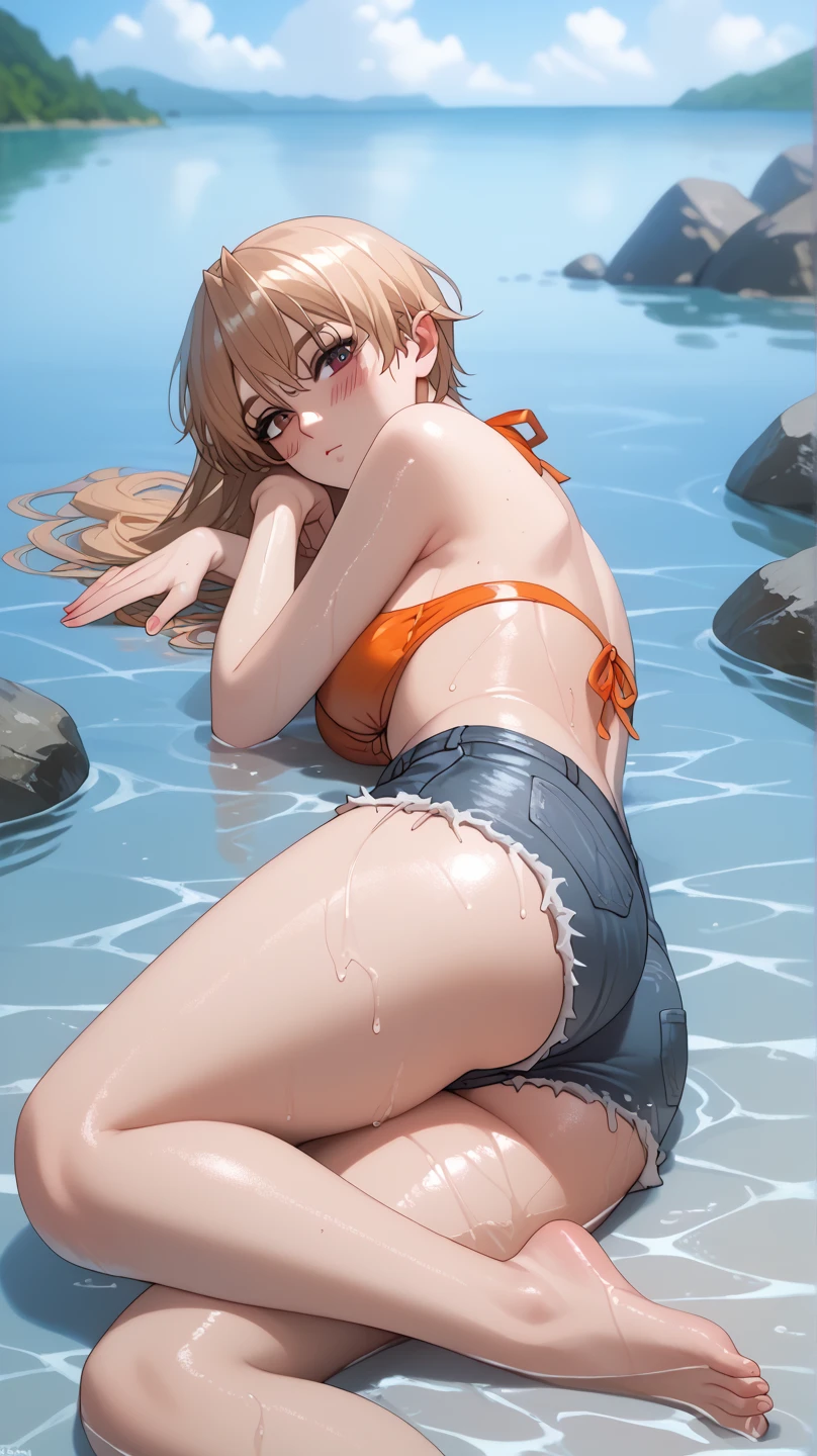 (cutesexyrobutts art style:0.7), (hews art style:0.7), score_9, score_8_up, score_7_up, score_6_up, erina nakiri, long hair, blonde hair, purple eyes, BREAK (masterpiece:1.2), best quality, high resolution, (beautiful detailed eyes:1.3), perfect lighting, (perfect hands, perfect anatomy), hearts, pleasured, large breasts, sagging breasts, 1girl, solo, breasts, wet, ass, water, swimsuit, bent over, looking at viewer, cleavage, towel, seductive smile, bare shoulders, onsen, partially submerged, fog, steaming body, 