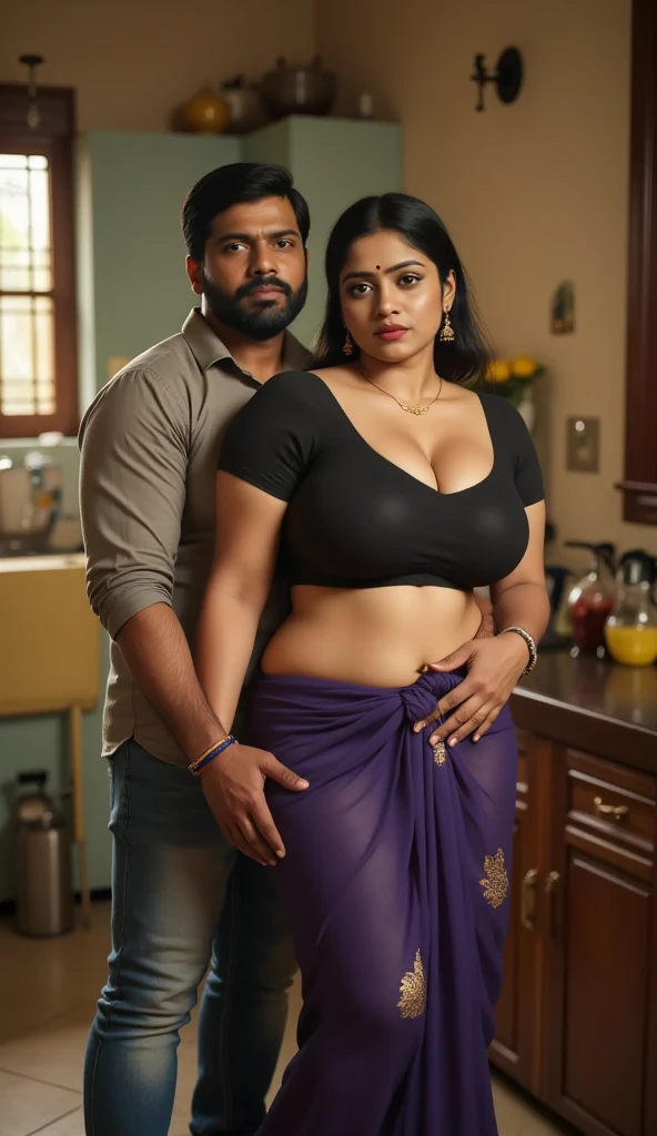 extreme close up photo of sexy indian, front view, curvy, sexy yellow blouse and red petticoat, in kitchen, French braid hair, smile, and a men hugging herf from behind
