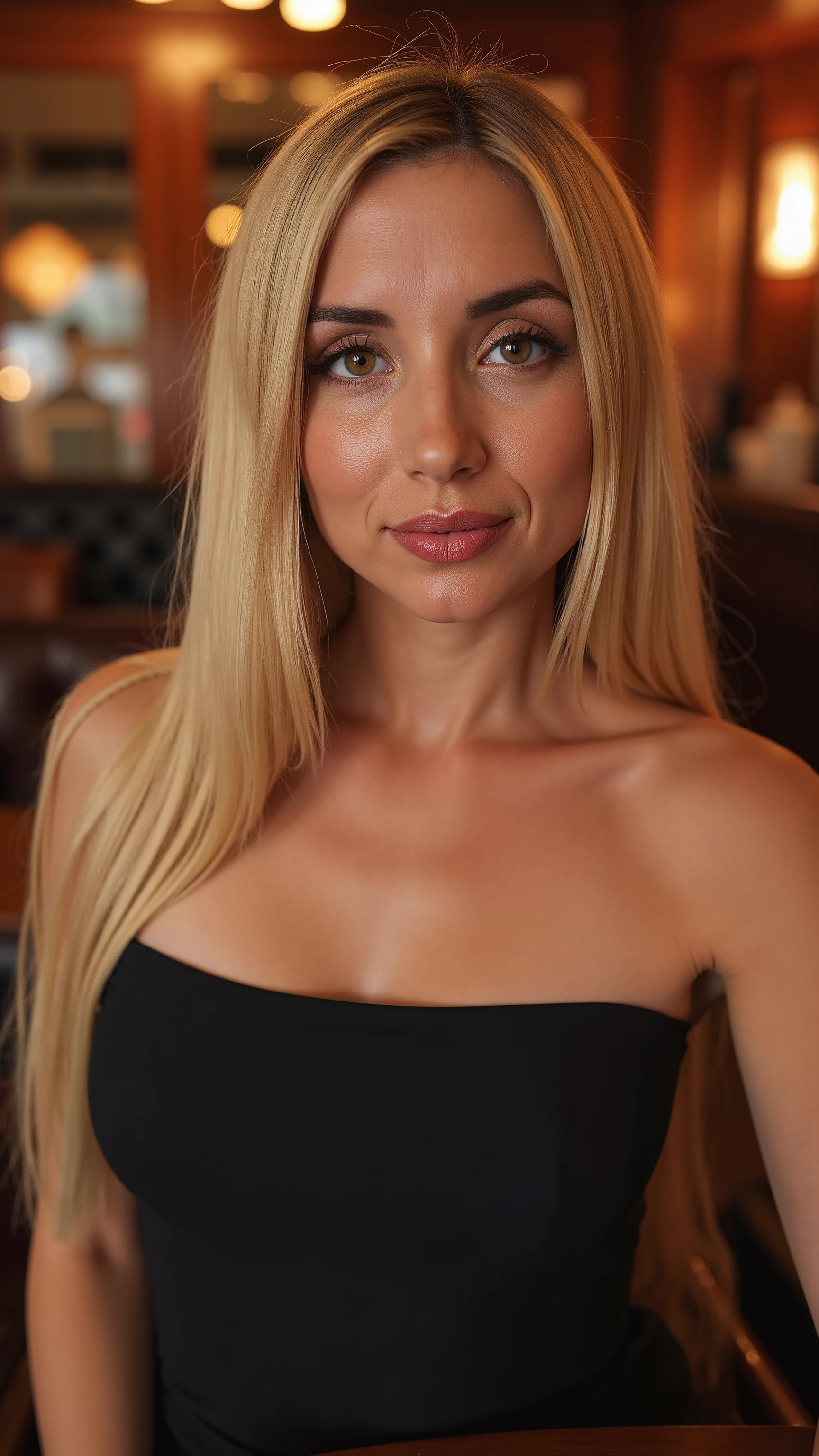 This is a beautiful  closeup photograph of a woman, she has long straight blonde hair and dark blue eyes.  Wearing a form fitting  boatneck dress,  Sitting in a cafe. Flirting at the viewer. Smile